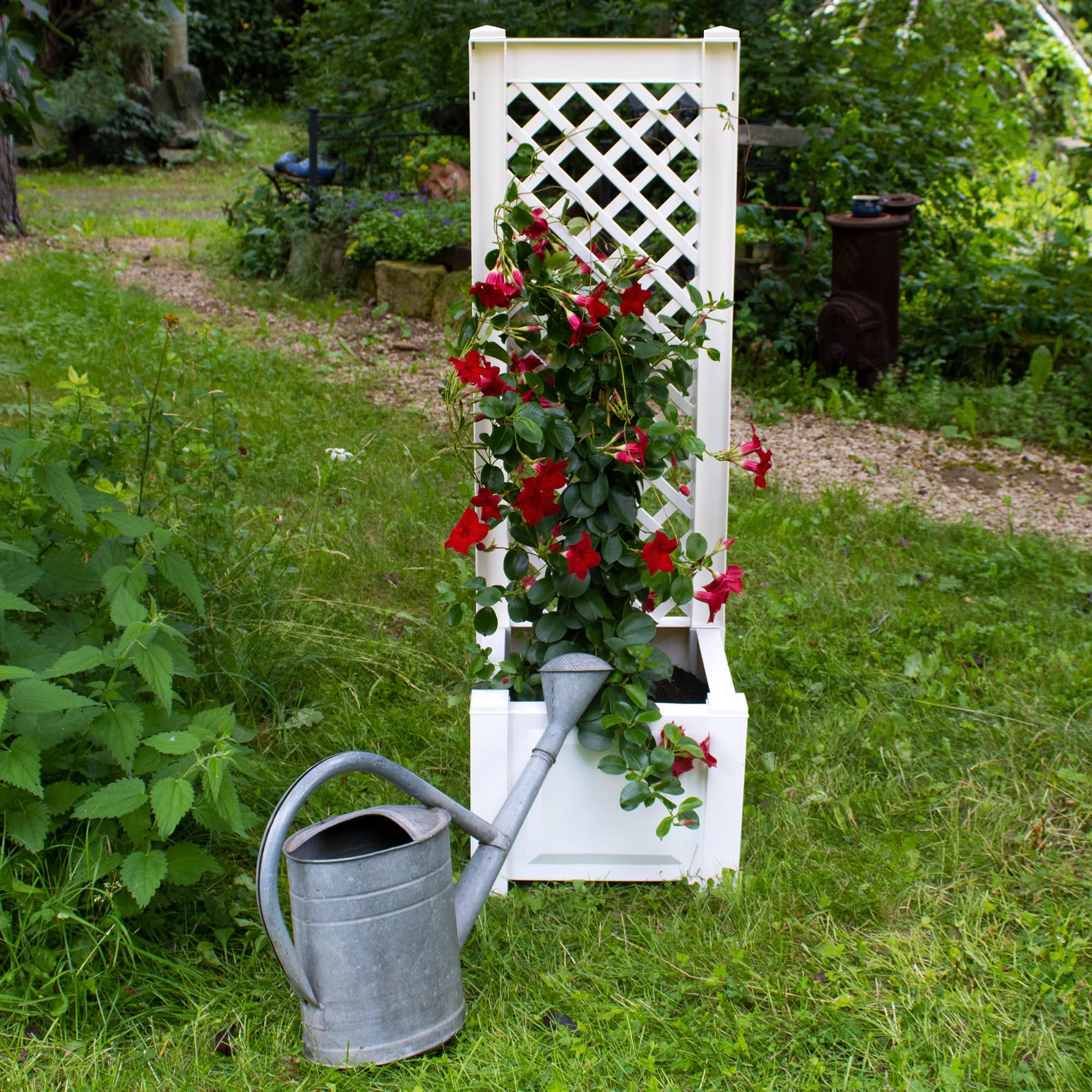 NYVI Pflanzkasten NYVIGreen 43x43x140 cm 44 Liter mit Spalier - Pflanzkübel aus wetterfestem & recyceltem Kunststoff - Blumenkasten - Pflegeleicht, Steckmontage ohne Werkzeug, Farbe:Weiß