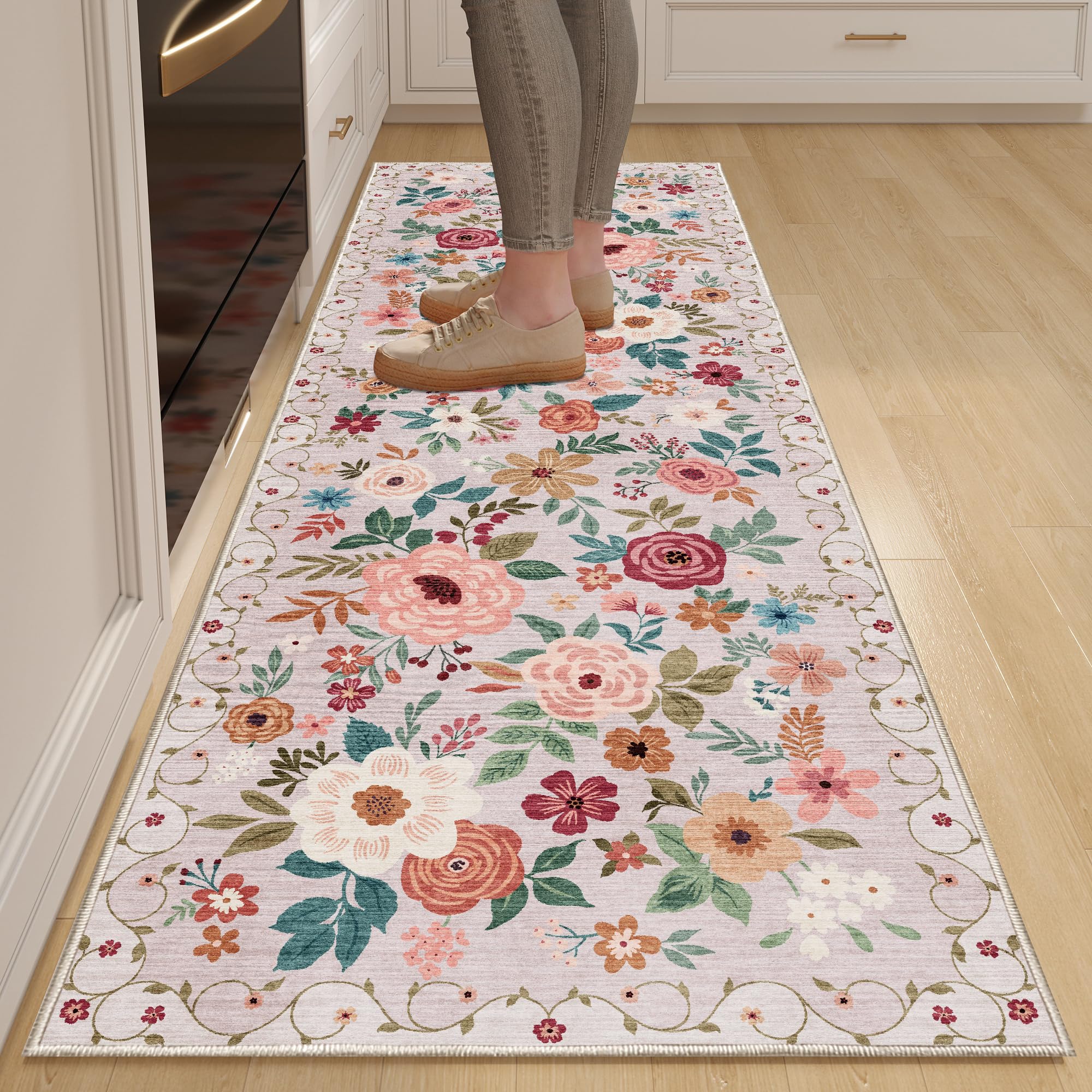 Tapis de couloir floral DUKINO blanc 6x15 cm au design végétal raffiné