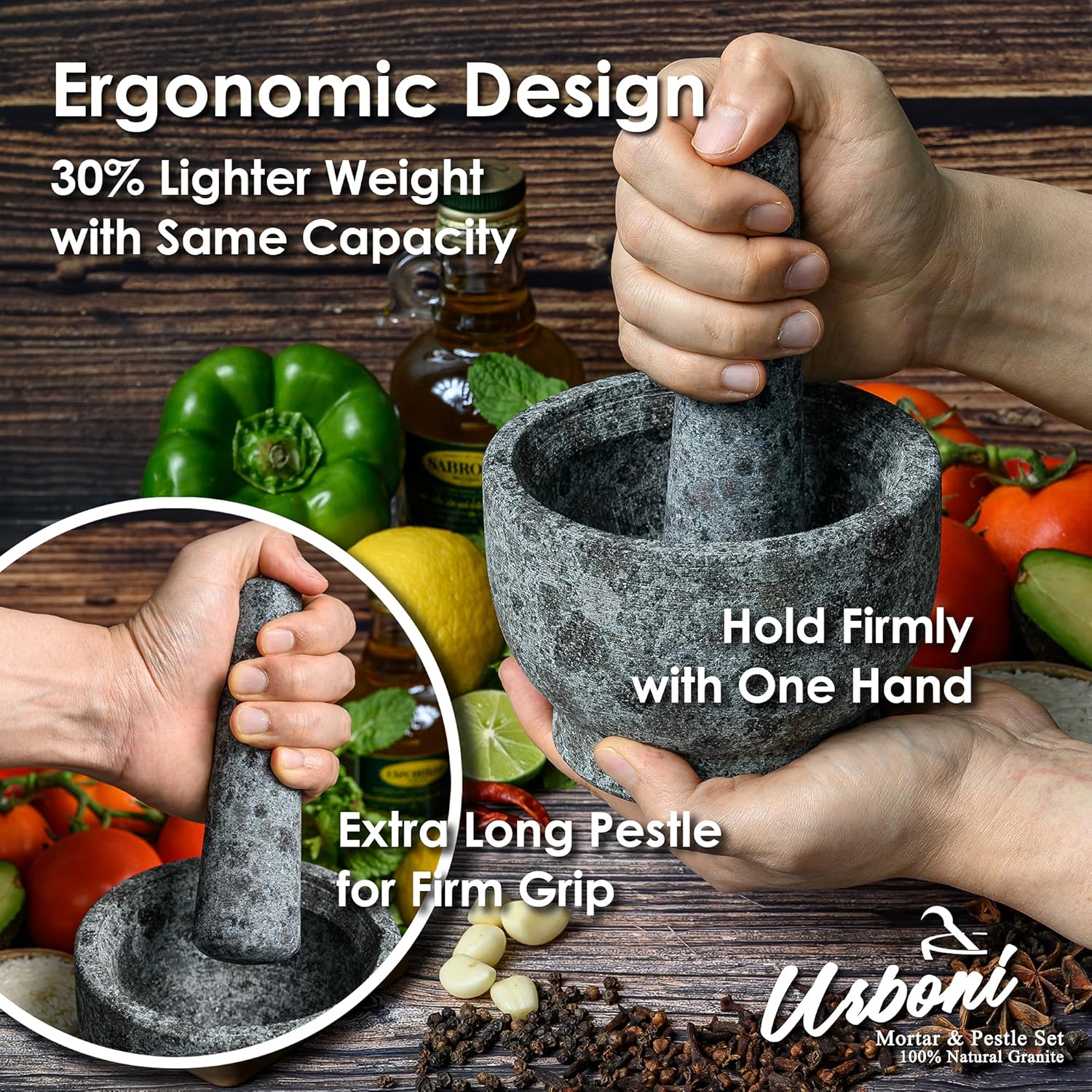 Granite Mortar and Pestle Set – Molcajete Mexicano Pestle and Mortar Set - Large Guacamole Bowl - Spice Grinder Hand - Unpolished 5.2 Inch Holds 1.75 Cups - Ergonomic Sleek Design - Gray: Home & Kitchen