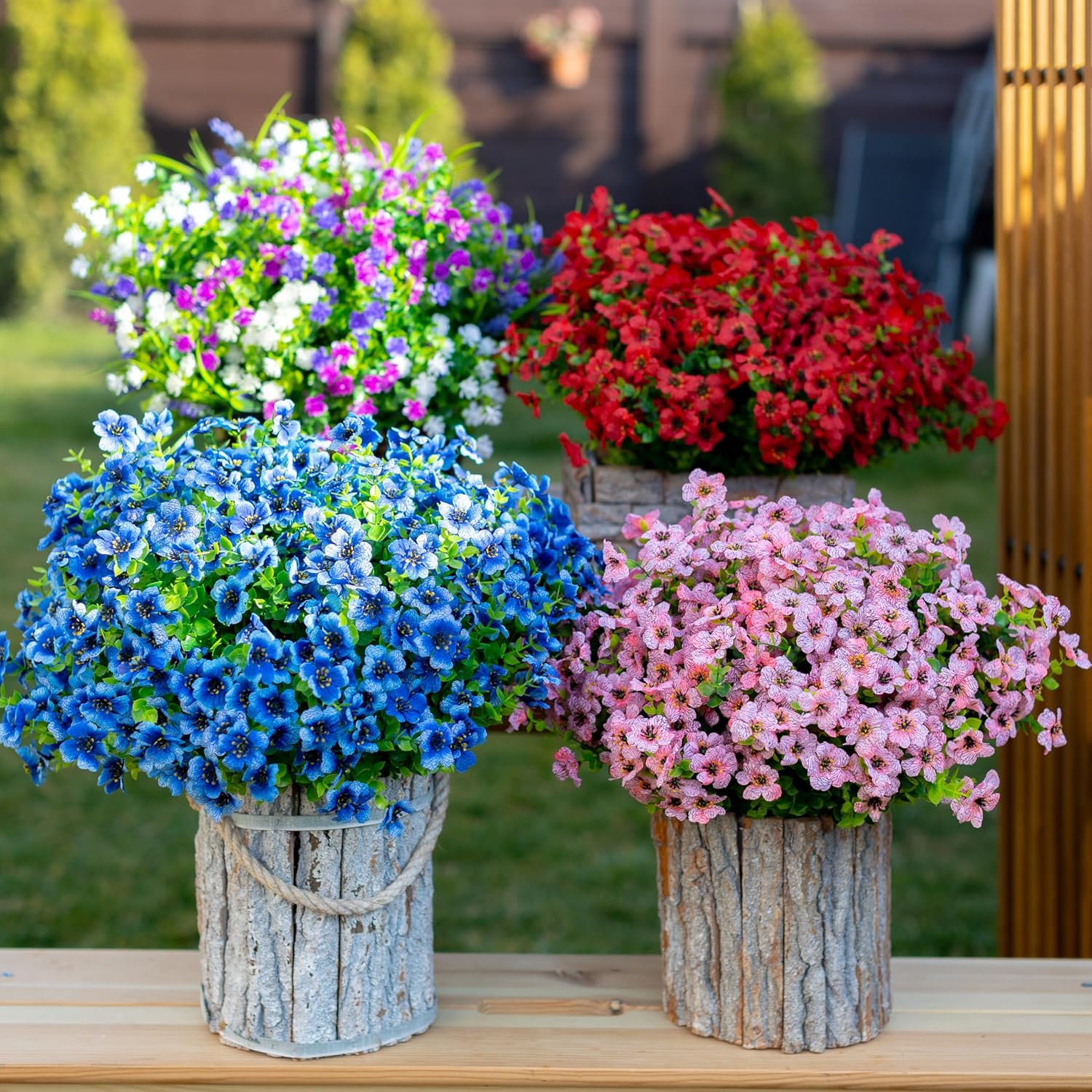 Artificial Flowers for Outdoors Fake Plants - 16 Bundles Faux Outside Greenery Boxwood No Fade Plastic Shrubs Fall Decor Farmhouse Home Garden (Blue) - Image 5