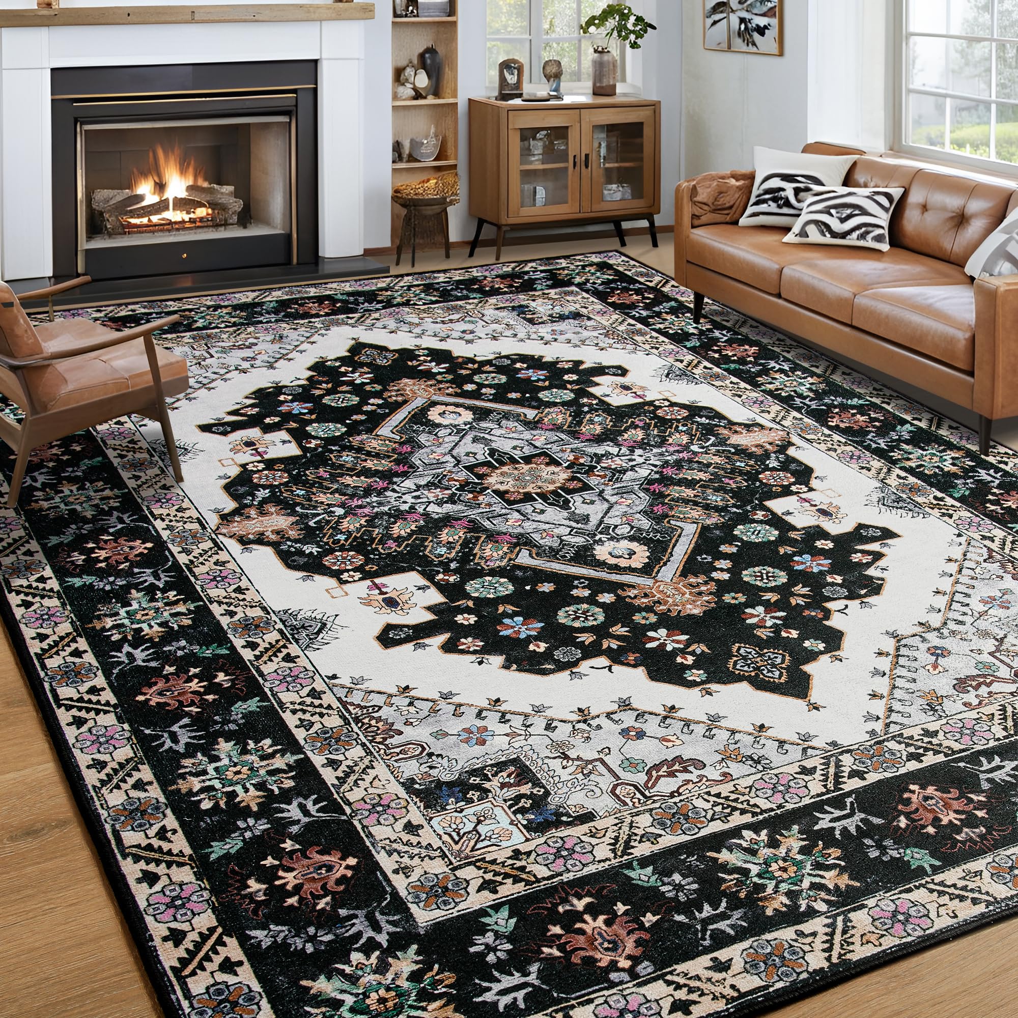 Noahas Black 8x10 Area Rugs for Living Room, Vintage Machine Washable Rug,Low Pile Print Large Rug with Rubber Backing Non-Slip Carpet for Bedroom,Kitchen,Dining Room,Home Office,Home Decor
