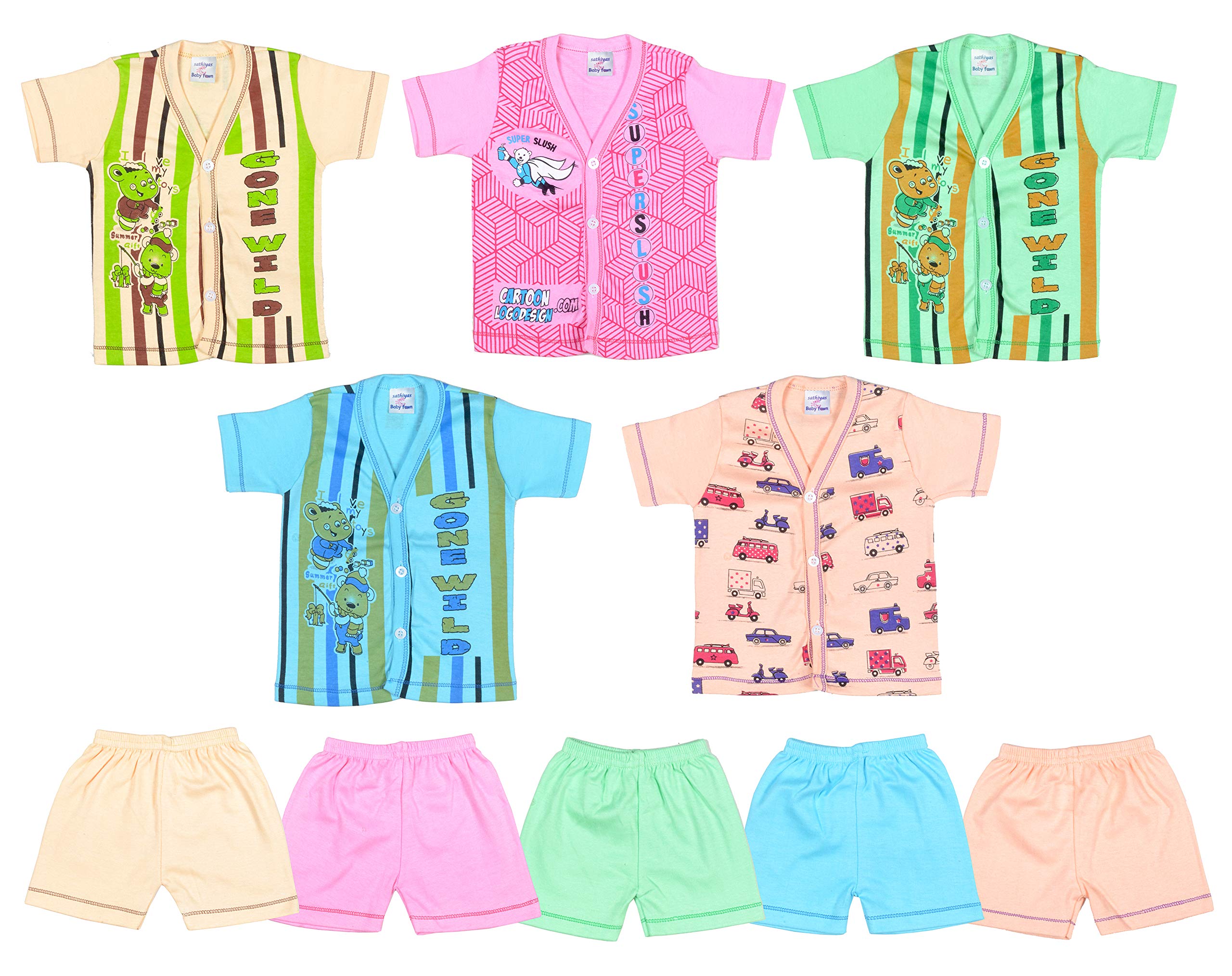 Sathiyas Born Baby Unisex Top & Bottom Sets - Set of 5 (Multi 2)