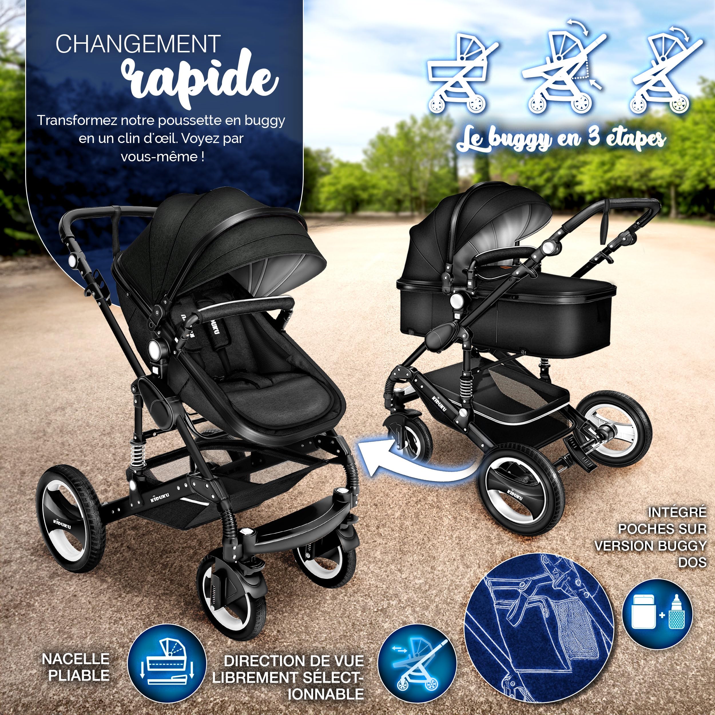 KIDUKU Poussette Combinée 3 en 1 Trio Siège Auto Légère Pliable Nacelle Souple Convertible Set de Voyage Noir