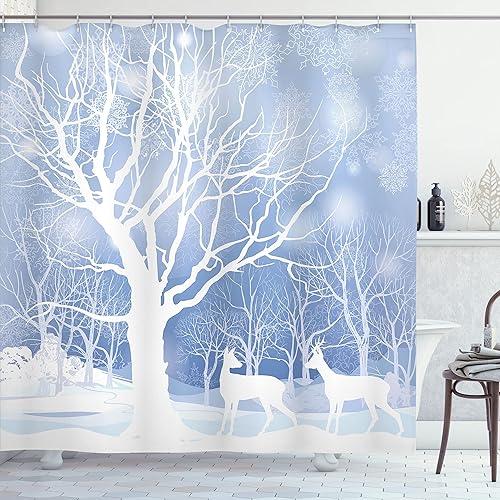 Miniatura 64 de Ambesonne Cortina de ducha de Navidad, estilo retro, palabras de deseos de Navidad con forma de árbol con adornos, juego de decoración de baño de