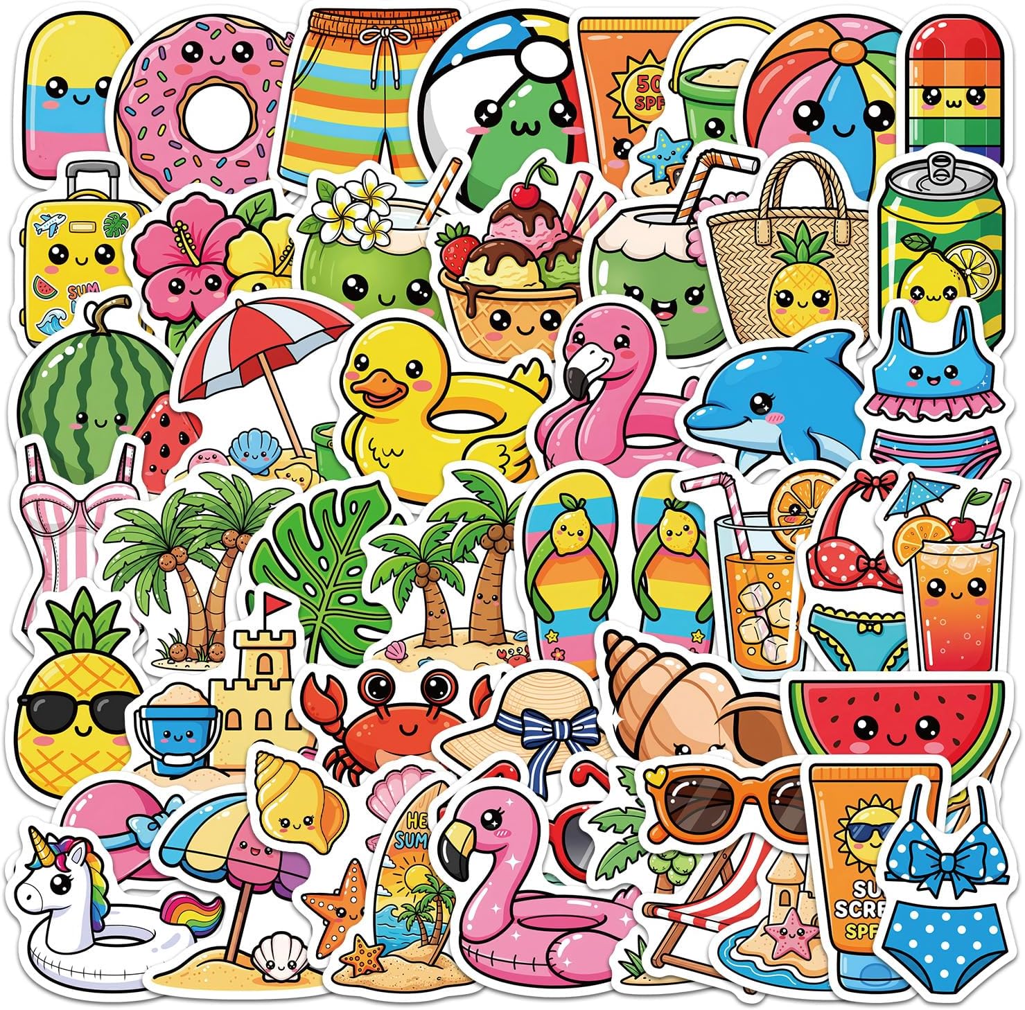 50PCS Cartoon Summer Beach Vinyl Stickers Flamingo Pineapple Watermelon Dolphin Ice Cream Waterproof Decals for Water Bottle Laptop Scrapbooking Journal Tumbler DIY Craft Kids Summer Gift Box Decor