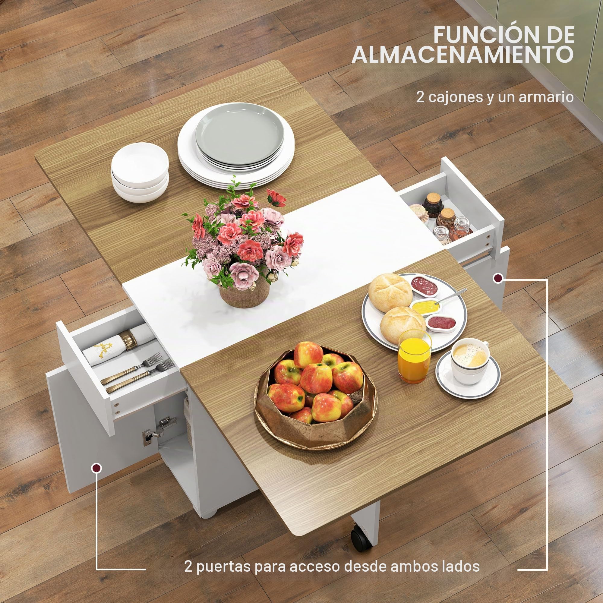 HOMCOM Mesa comedor plegable con ruedas 140x76x74cm,Blanco&madera natural | Mesa de cocina, para 6 personas, 2 hojas abatibles, 2 cajones, 2 armarios, para espacios pequeños.