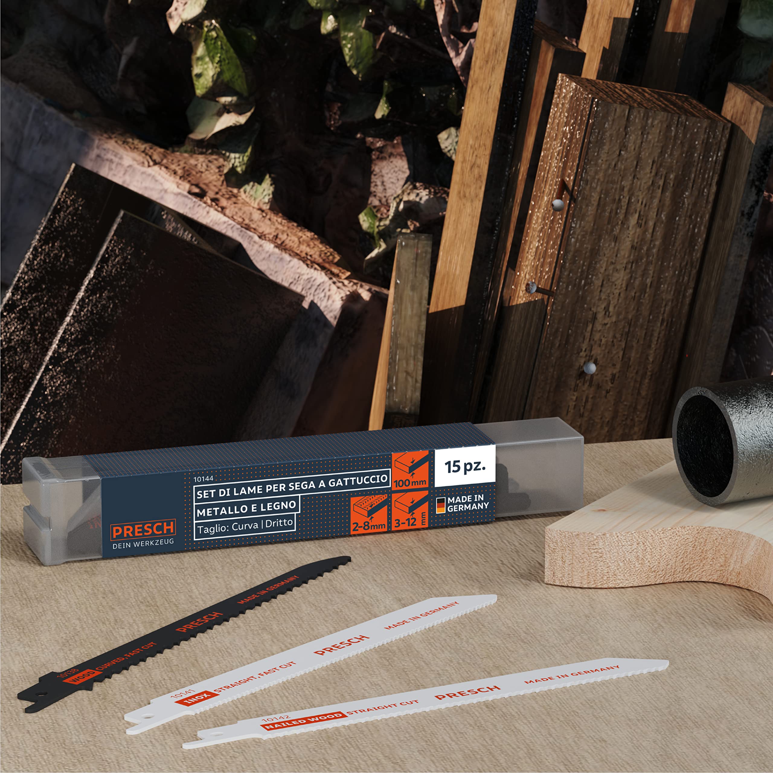 Presch Set di lame per sega a gattuccio per legno, metallo e acciaio inox 15 pezzi - Set completo di lame per seghe a gattuccio per ogni applicazione, compresa la scatola
