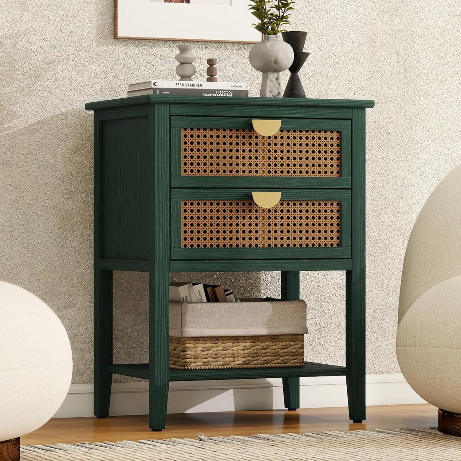 Green Rattan Nightstand with 2 Drawers & 1 Open Storage Shelf, Boho Bedside Table with Golden Semi-Circular Handles & Solid Wood Legs, Narrow Wood Side Table for Bedroom, 1 PC
