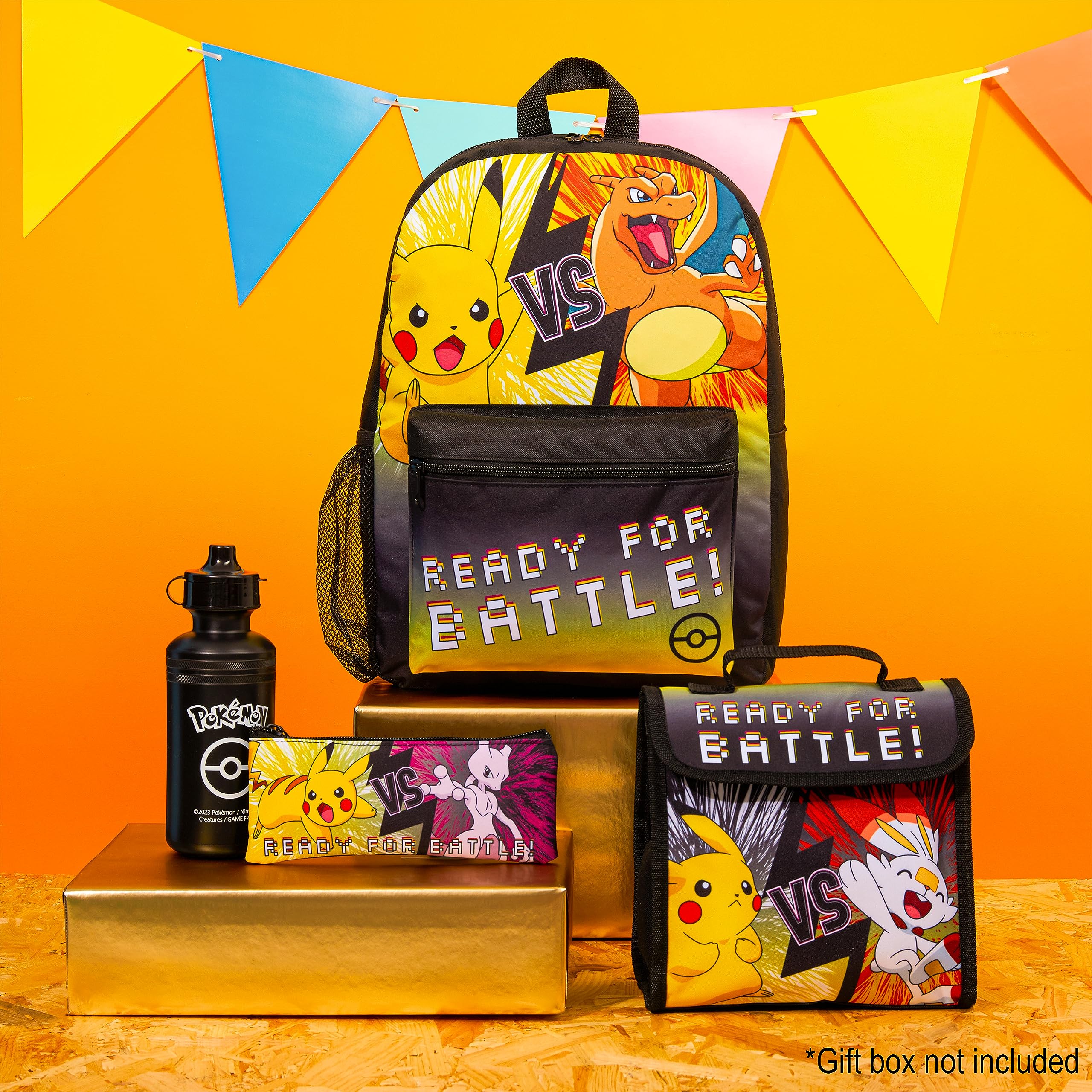 Pokémon Pokemon Kids Backpack 4 -częściowy zestaw szkolnych materiałów szkolnych Prochosek izolowany lunch pudełko na lunch Pencil Case BPA za darmo 500 ml butelka z wodą Pikachu Powrót do szkoły dla chłopców Jeden Rozmiar Czarno żółty