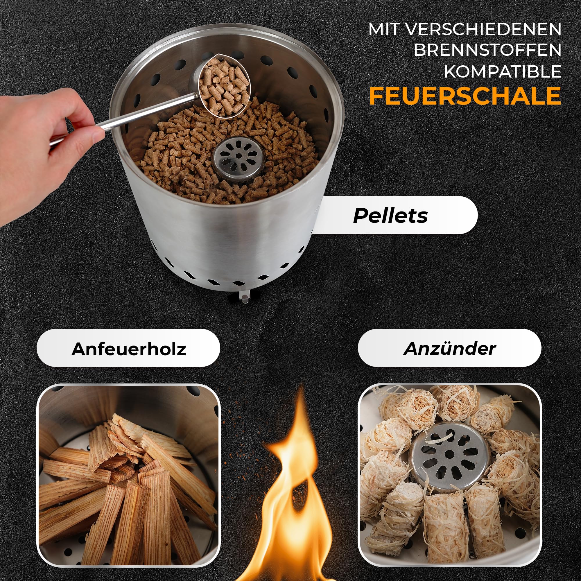Oz & Oz Tischfeuer - Raucharmer Tischkamin für Pellets und Holz Rauchfrei Feuerstelle Feuerschalen für den Garten Outdoor Gartendeko Feuerkorb Terrassenofen Garten Deko Draußen, Silber, 26 cm