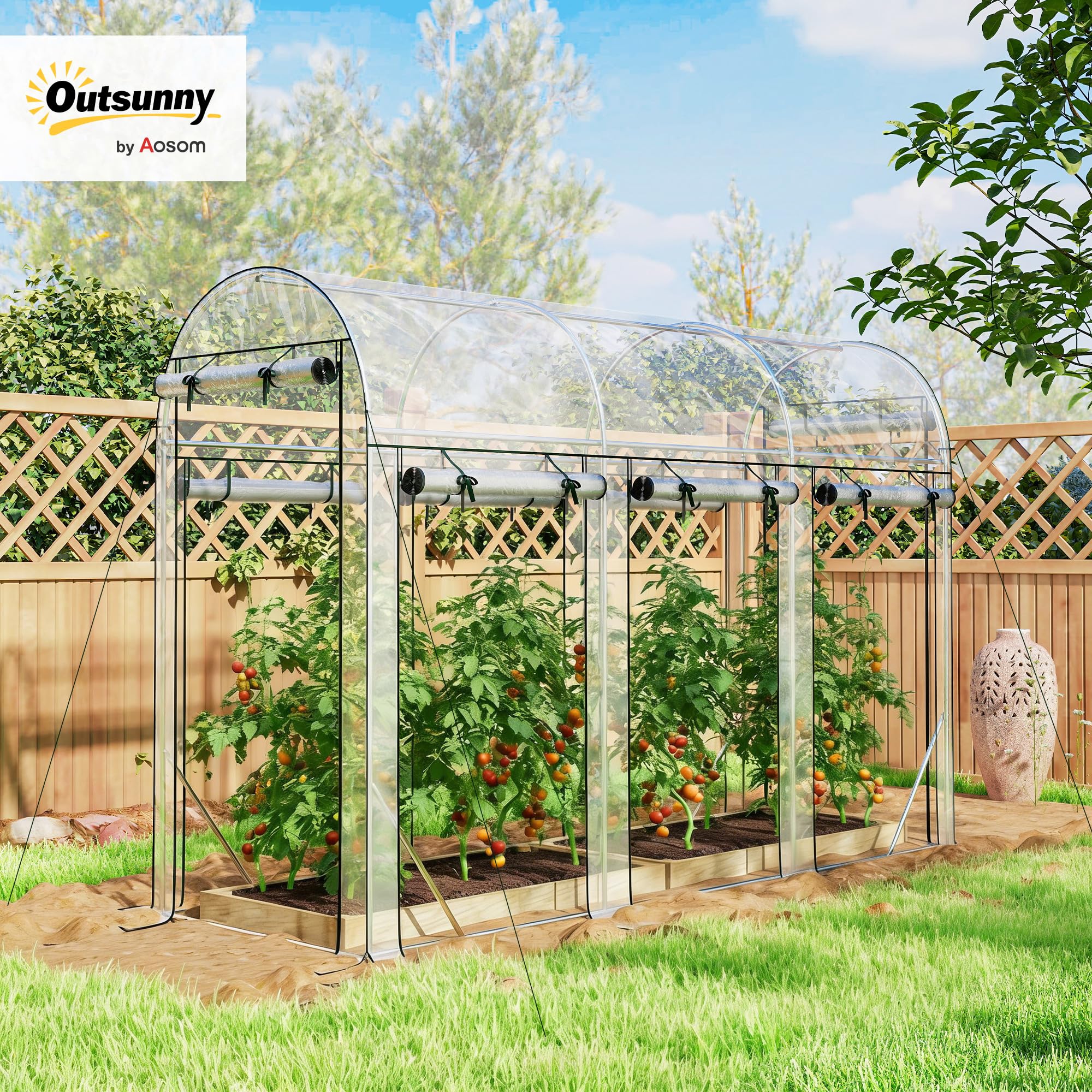 Outsunny Serra Tunnel da giardino, 3 m², con telaio in acciaio zincato, 8 porte rotanti, serra da giardino, tunnel per esterni, per tutte le stagioni, 295 x 100 x 197 cm, trasparente