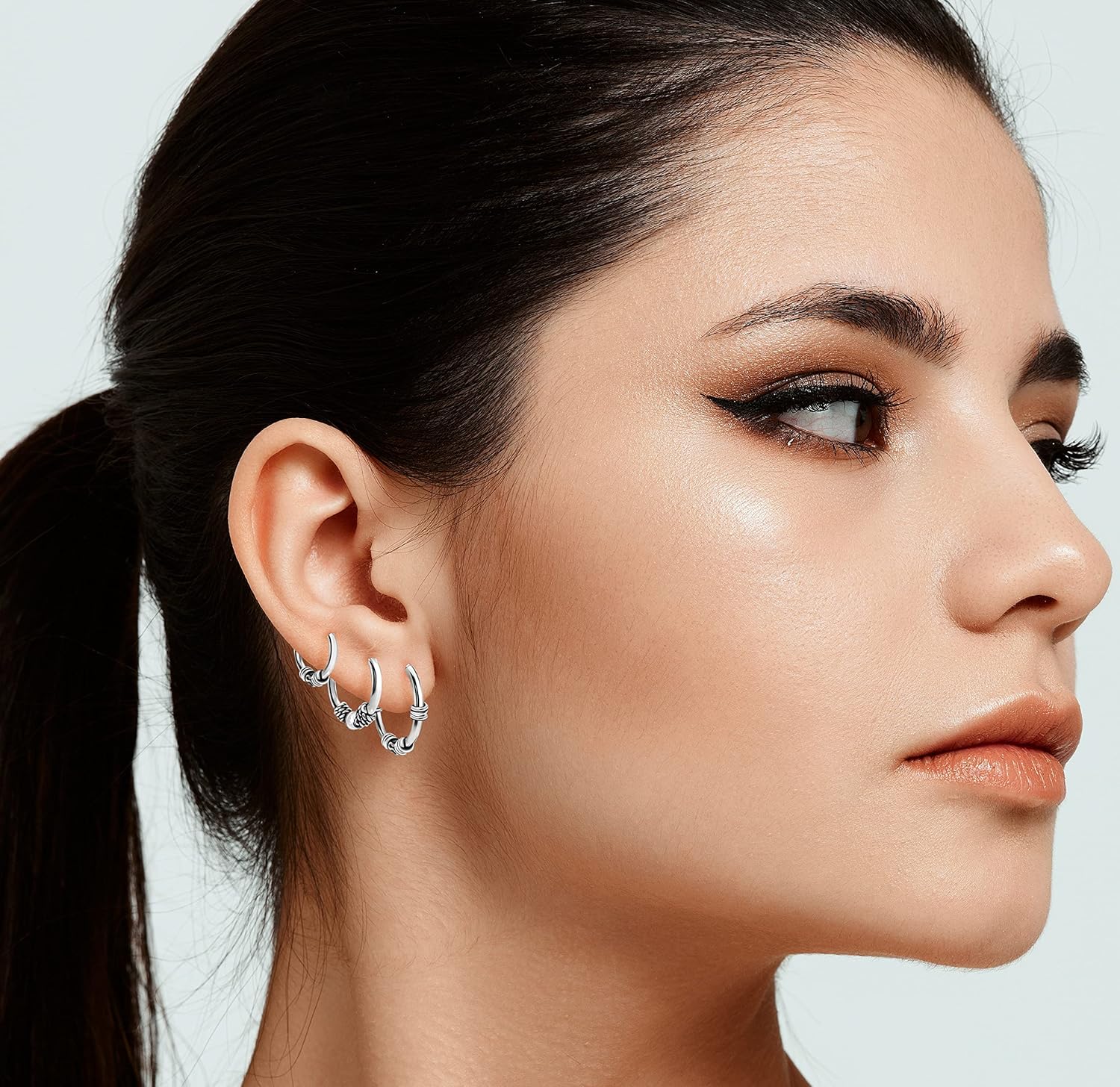 Hoops & Loops 925 Sterling Silver Set of 3 Pairs 10mm, 12mm & 14mm Balinese Style Bali Bead Endless Hoop Earrings for Women & Men, Silver, Yellow & Rose Gold