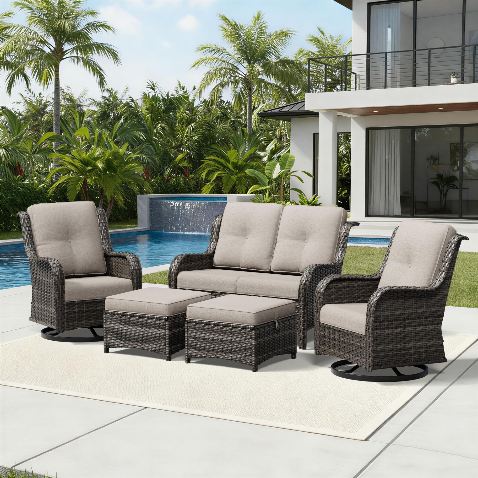Joyside 5 Piece Wicker Patio Furniture Set, Outdoor Swivel Rocker Patio Chairs with High Back, Deep Seating, Wide Armrest, Thickened Cushions, Outdoor Furniture for Deck, Porch Use