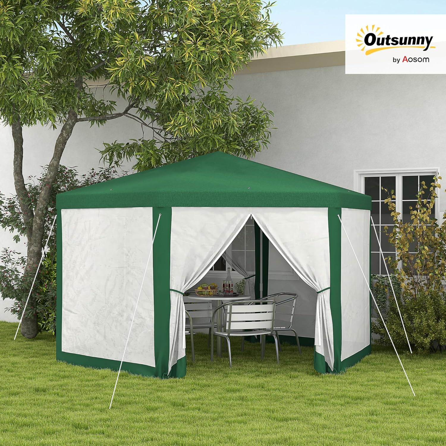 Outsunny 13' x 11' Outdoor Party Tent, Hexagon Sun Shade Shelter Canopy with Protective Mesh Screen Sidewalls, Ropes & Stakes, Green