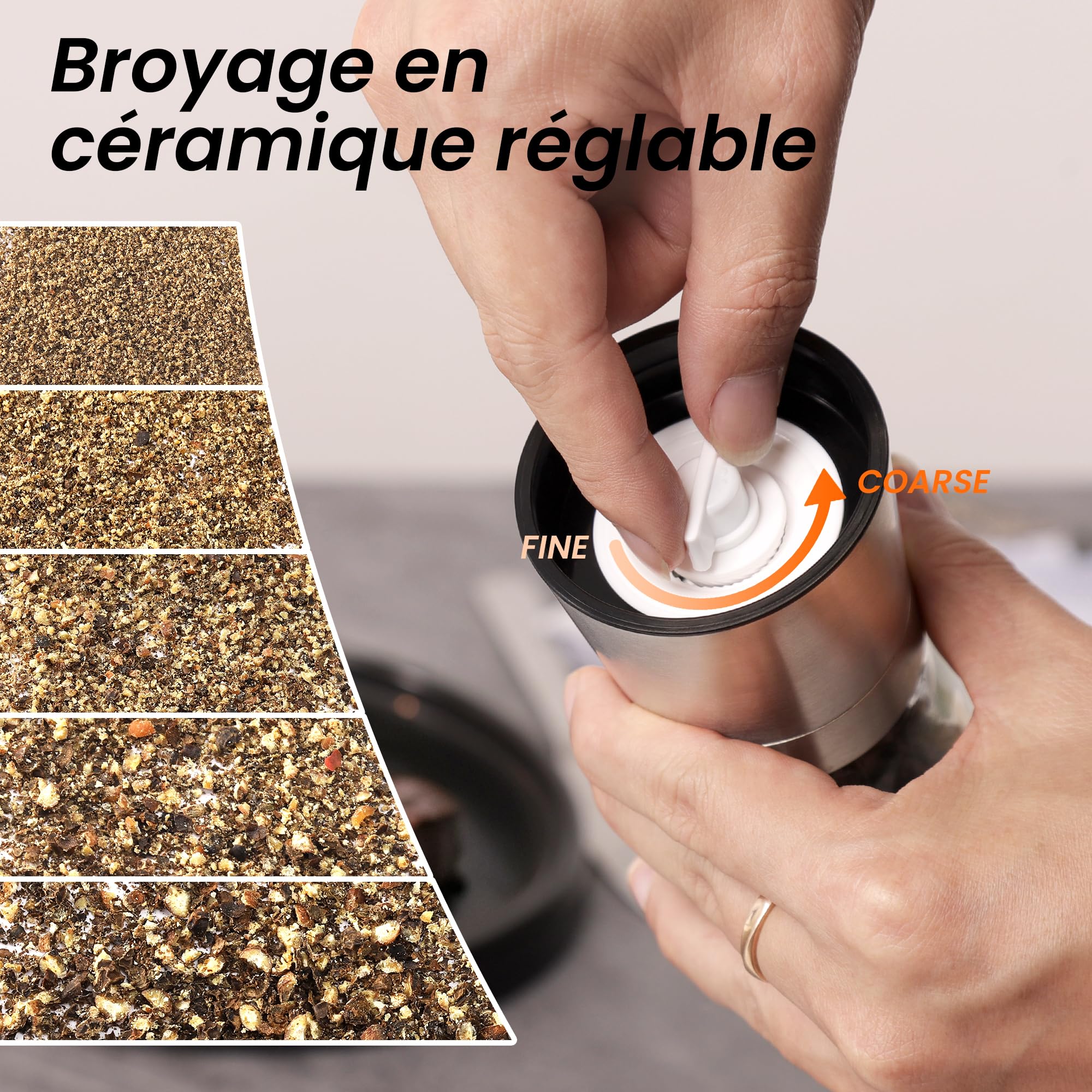Vevouk Ensemble de moulins à sel et à poivre, en céramique, réglable, en acier inoxydable, avec support en caoutchouc pour moudre le poivre, la cuisine [Classe énergétique A++]