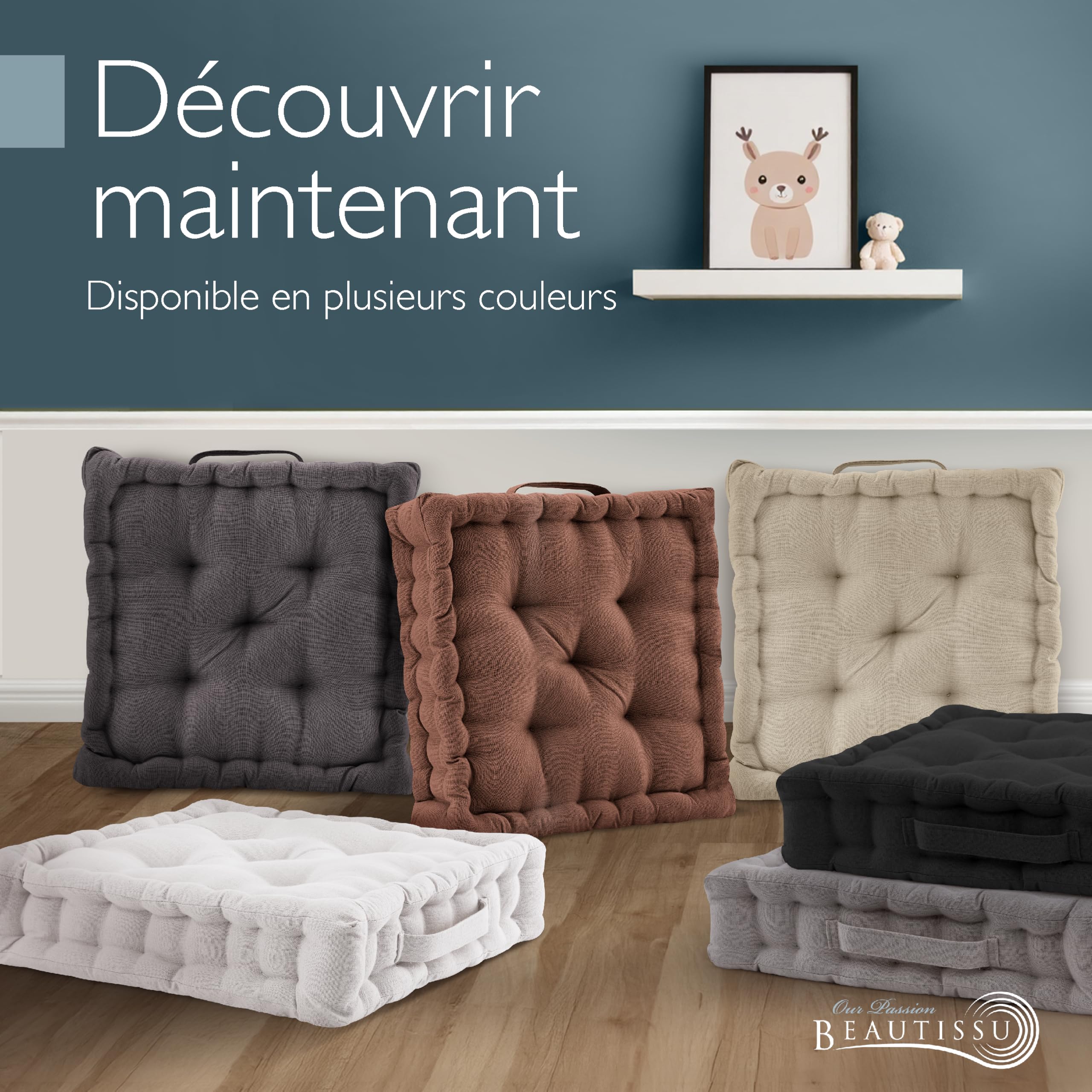 Beauitssu Set de 4 Coussins de Sol Coussin d'assise 50x50 cm - Coussin Matelas épais 10cm - 100% Coton Coussin de Chaise Intérieur & Extérieur Poignée de Transport Coussin d'assise Lin - Mila