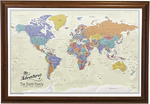 Vista 66 de Lienzo - Mapa de viaje personalizado Tan Oceans World Push Pin con marco negro