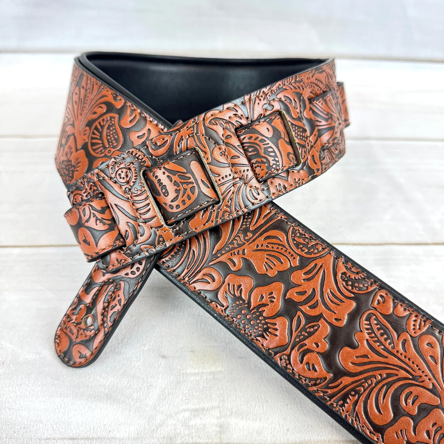 Walker & Williams G-973 Handmade Brown And Latigo Tan Western Embossed Guitar Strap with Soft Padded Back For Acoustic, Electric, And Bass Guitars