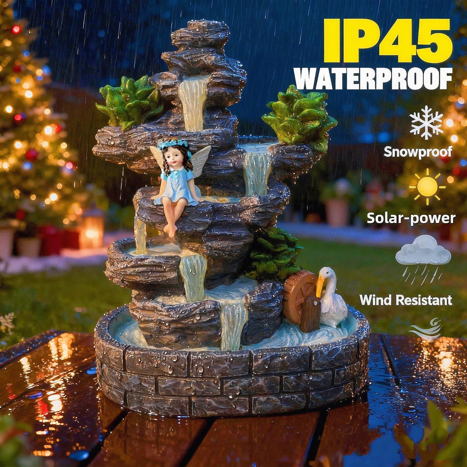 Fairy Garden Accessories Fairies Waterfall Solar Statues, 9" Waterproof Figurines Lights Outdoor House Decorations for Patio Lawn Porch Backyard, Gardening Birthday Gift for Women Kids Grandmom