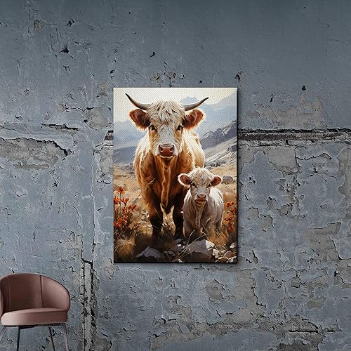 Highland Cow Wall Art, This Is Our Happy Place Inspirational Canvas Poster for Home, Long Haired Scottish Cow with White Flower Picture Farmhouse