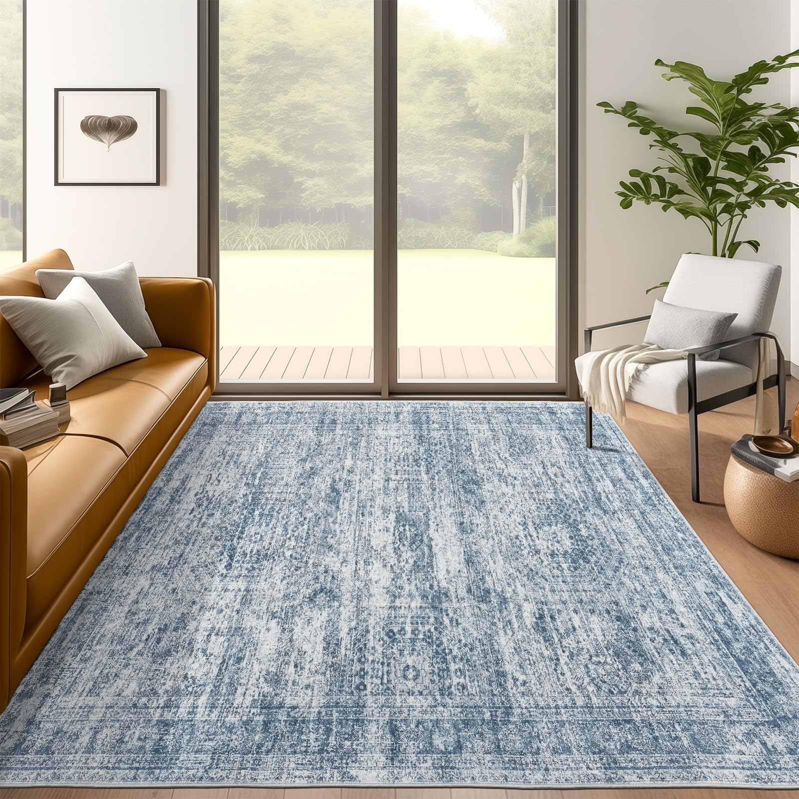 5x7 Area Rugs Blue Low Pile Indoor Washable Trendy Faded Style Rugs for Bedroom Living Room Dining Room Foldable Non-Slip Thin Print Mat