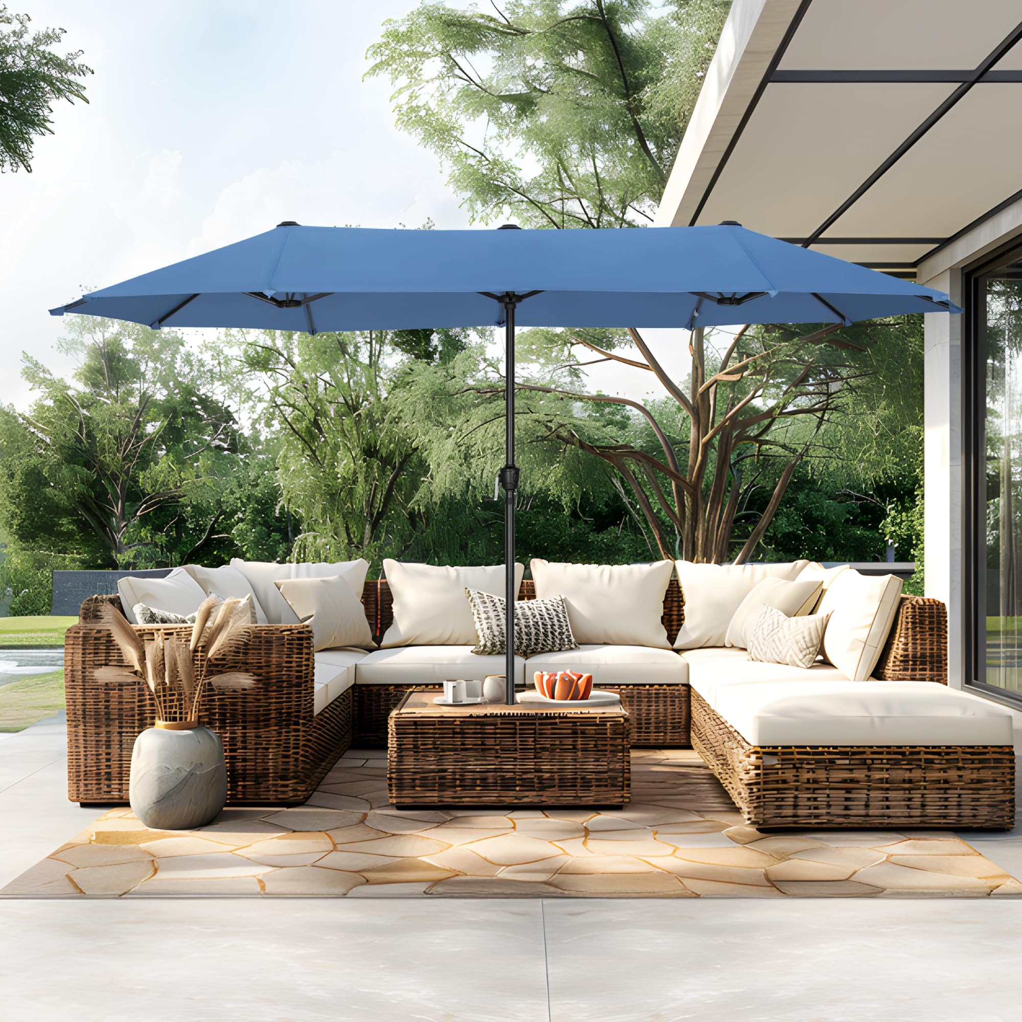 PHI VILLA 13ft Large Patio Umbrellas, Double-Sided Outdoor Market Rectangle Umbrella for Outside, Haze Blue