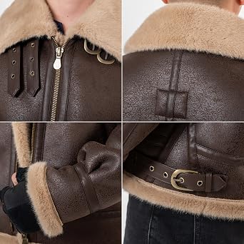 Mens Fur Outdoor Jacket Leather Bomber Shearling Cosplay Coat Brown