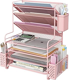 Simple Trending 7 Tier Desk File Organizer, Letter Tray Paper Organizer with Pen Holder and Metal Hanging Basket, Pink
