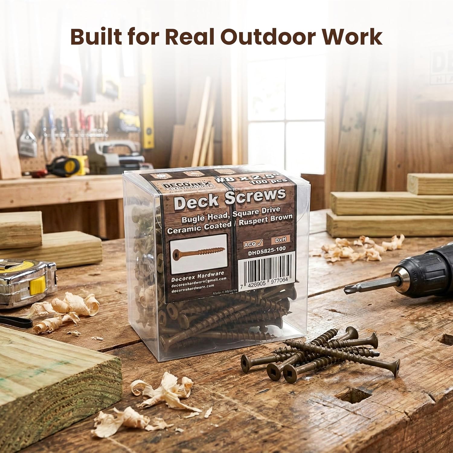 #8 x 3 Deck Screws, Square Drive Bugle Head, Brown Ceramic Ruspert Coated Exterior Wood Screws for Pressure Treated Lumber, Corrosion Resistant, 2000 Piece Contractor Box