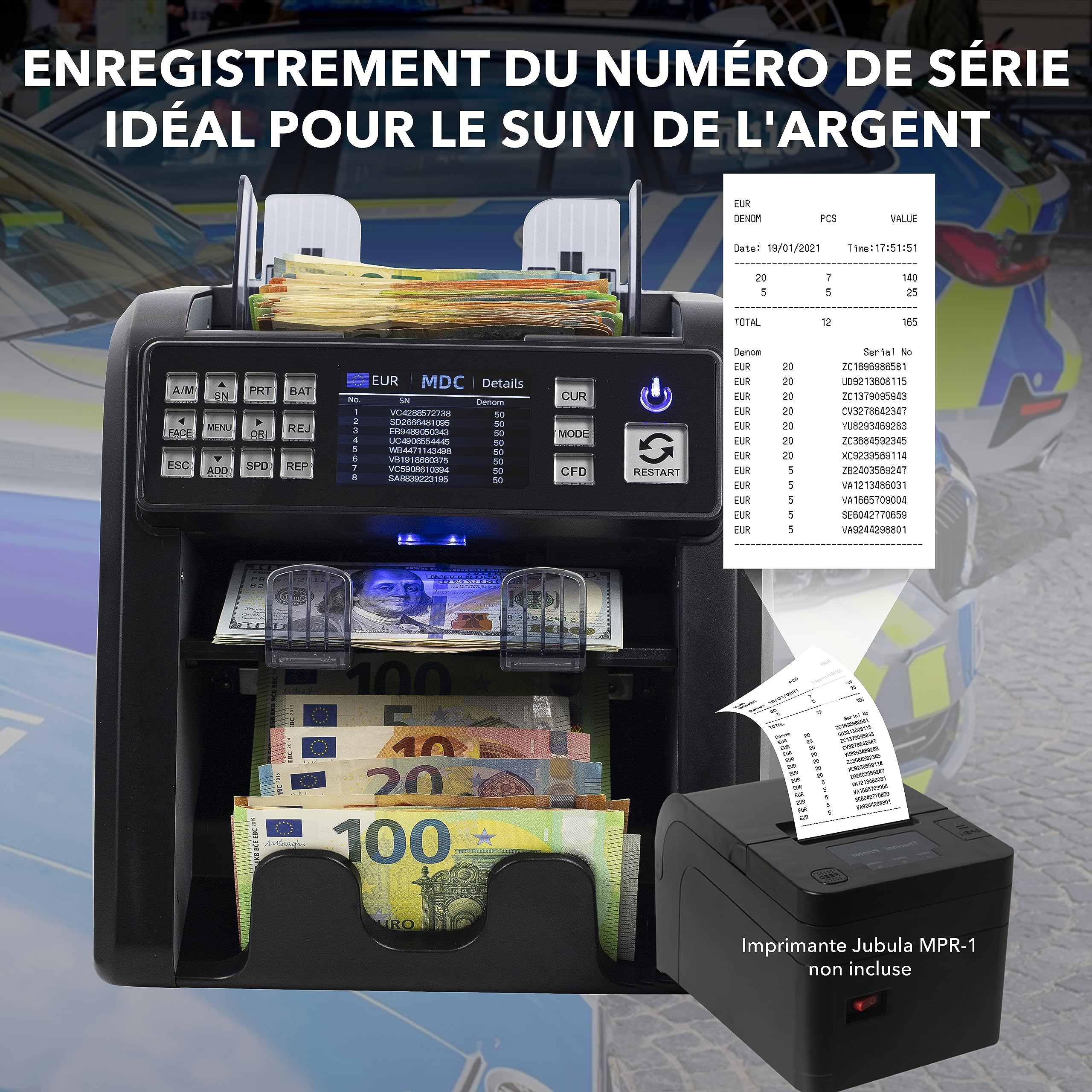 MV-600 Compteuse et trieuse de billets pour billets non triés avec détection avancée de faux billets en 12 points | EUR USD GBP SEK etc. | Compteur de valeurs pour billets mixtes