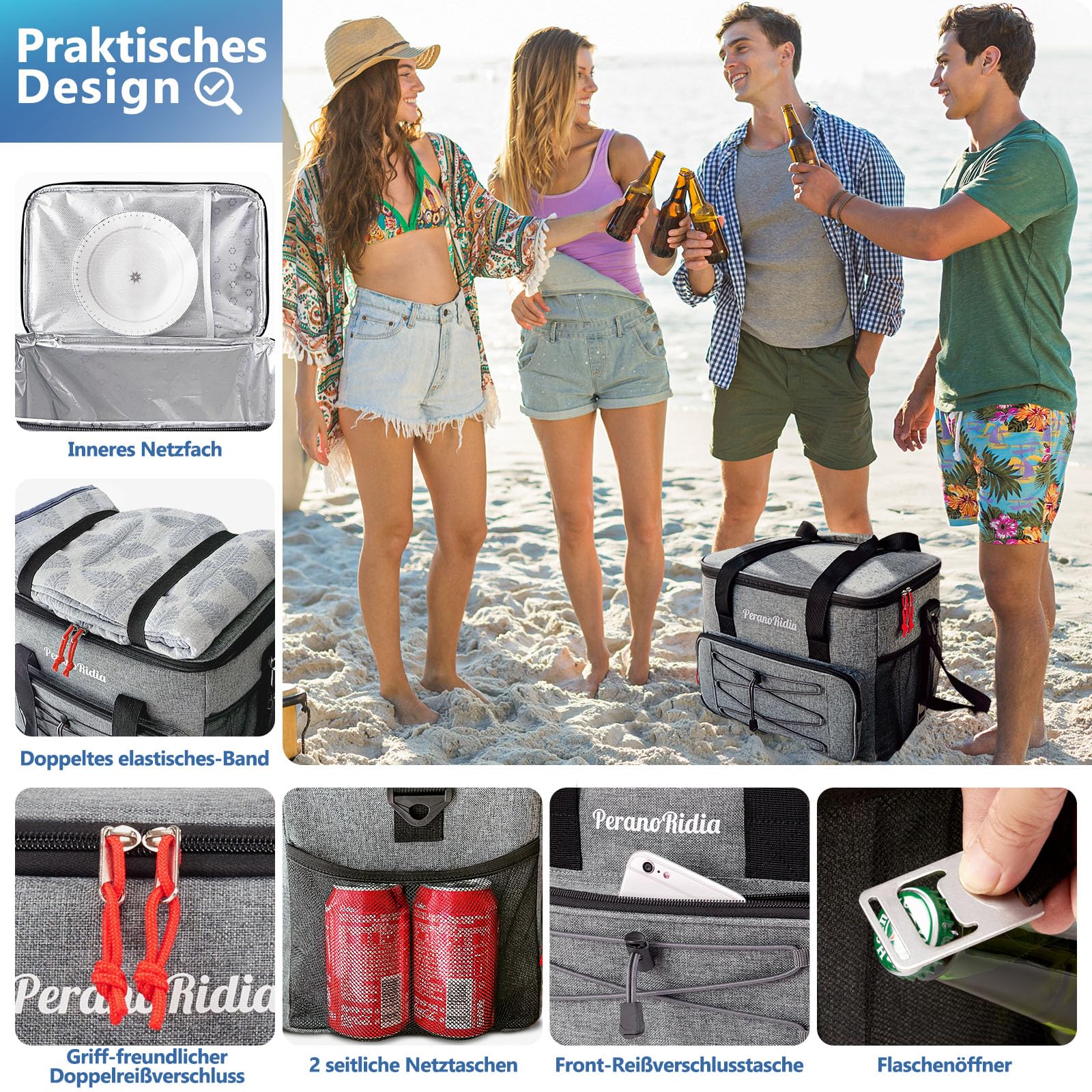 Kühltasche Faltbar für Unterwegs, Isoliertasche Thermotasche Cooler Bag für Essen & Getränke, Tragbare Kühlbox für Camping Strand BBQ Grillen Picknick Wandern Einkaufen