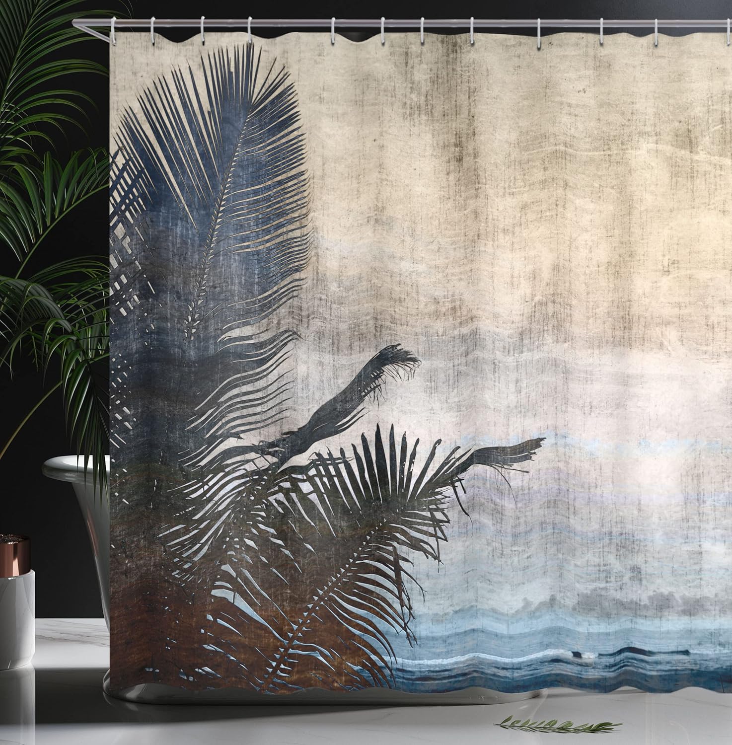 Ambesonne Hawaiian Shower Curtain, Palm Tree Leaves on Grunge Background with Sea Vintage Waterscape Illustration, Cloth Fabric Bathroom Decor Set with Hooks, 69" W x 84" L, Beige Navy