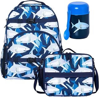 Wildkin Kids Bundle – 17 Inch ECO Backpack, ECO Lunch Box & 10 oz Soup Container Set for Boys & Girls, School, Travel & Everyday Use – Sharks