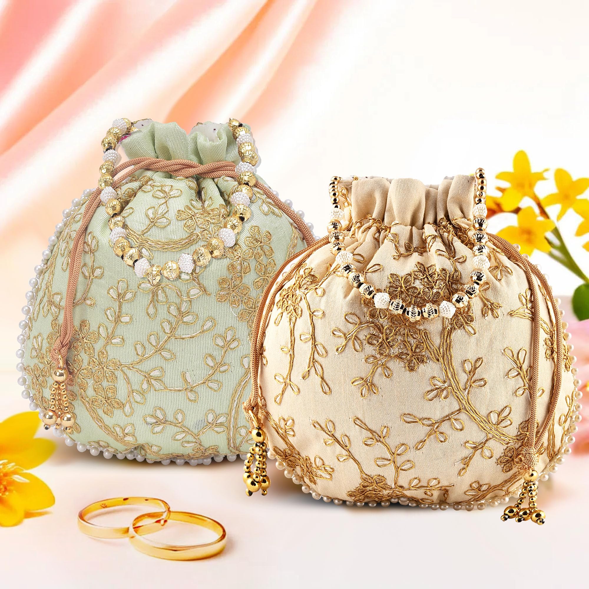 Kuber Industries Pack of 2 Potli Bags for Ladies & Girls | Shagun Pouches for Festive Seasons | Embroidery Batwa Bag Bridal Purse -Cream & Green