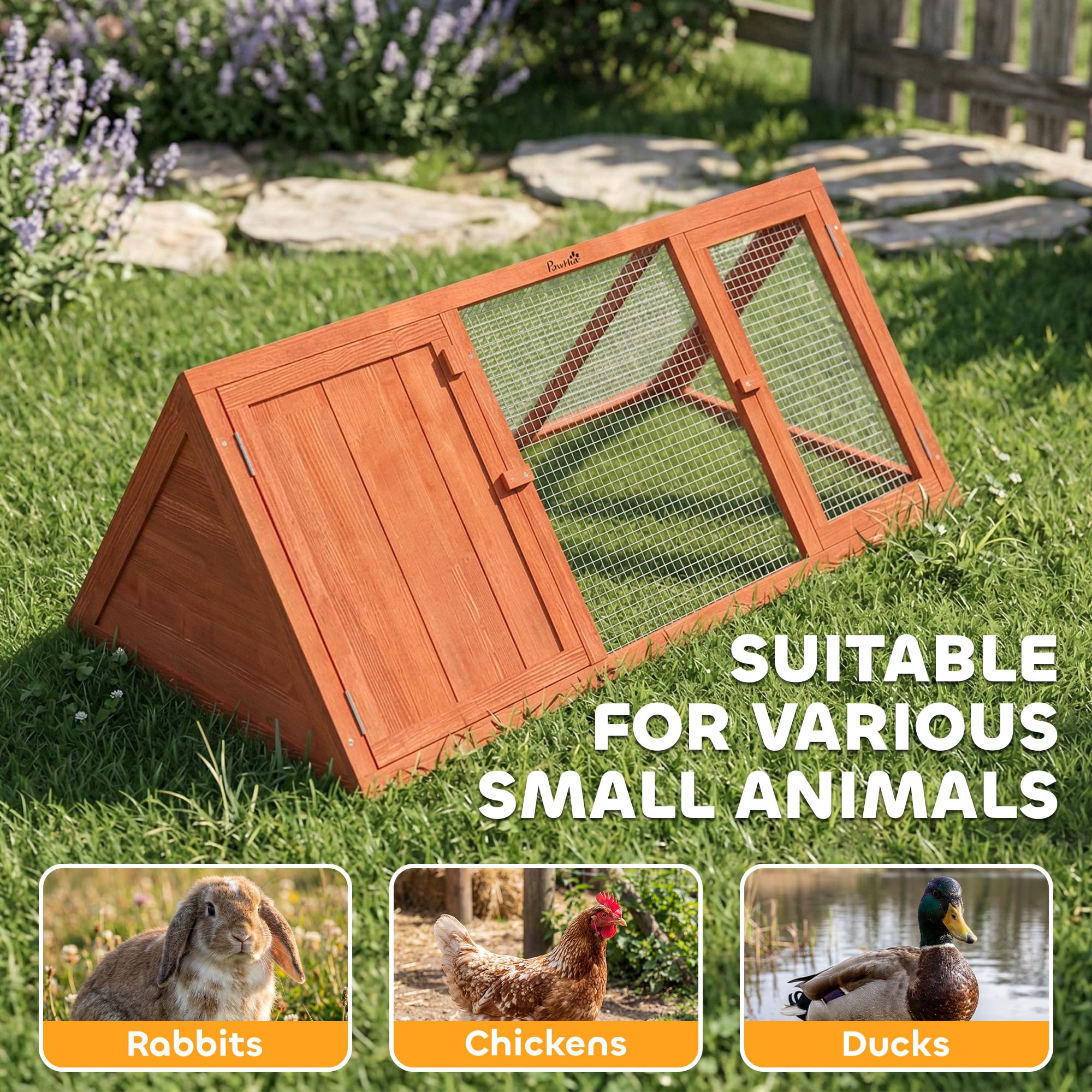 Jaula para conejos PawHut, jaula de madera para cobayas con recinto exterior y puertas, caseta triangular para conejos, patos pequeños y gallinas, para uso en interiores y exteriores, color naranja