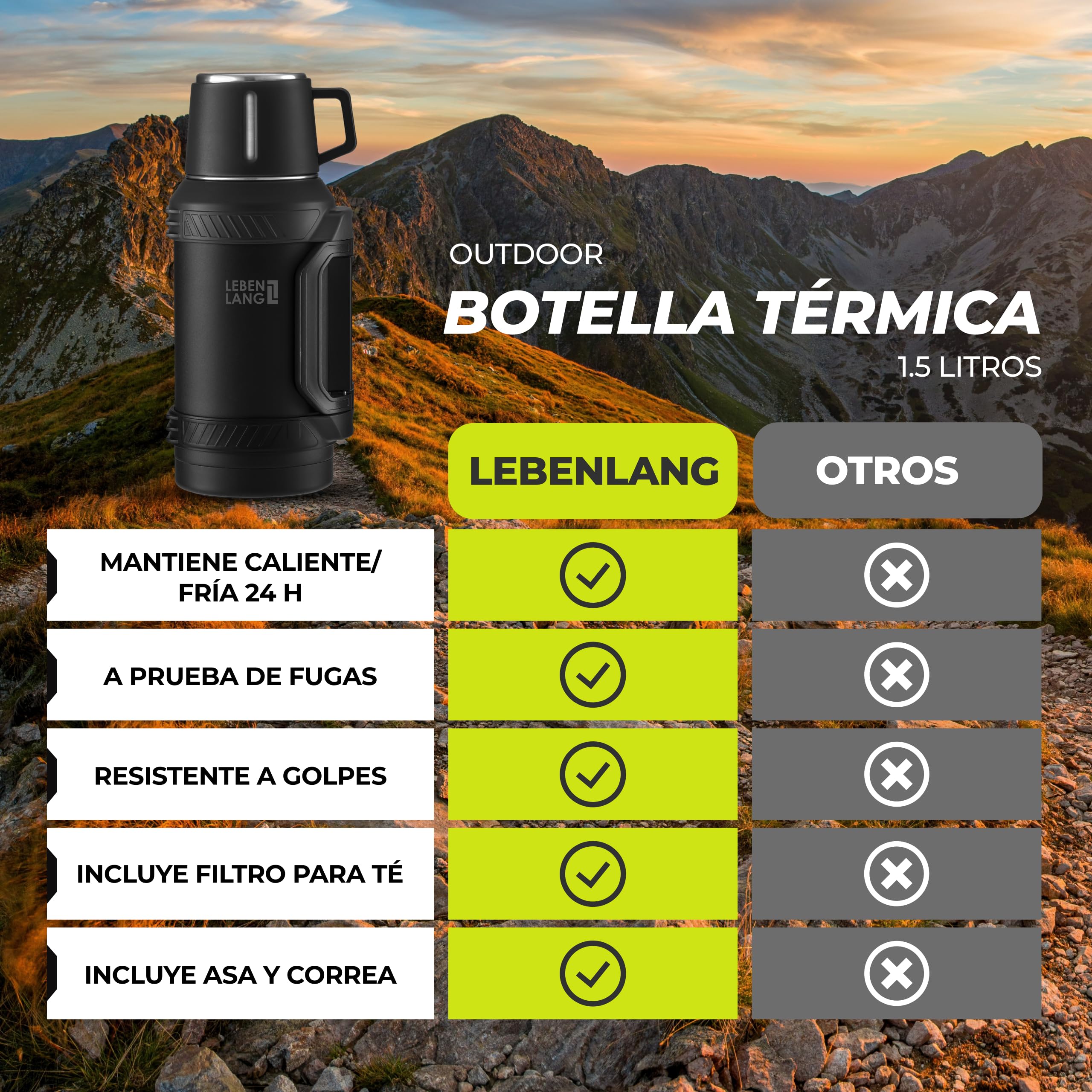 LEBENLANG Termo café de 1,5 litros - 24 horas de calor & Incl. vaso | Termos mate liquidos Botella termica fria 1 5 L montaña para cafe Thermos bottle agua calientes I filtro para té & bandolera
