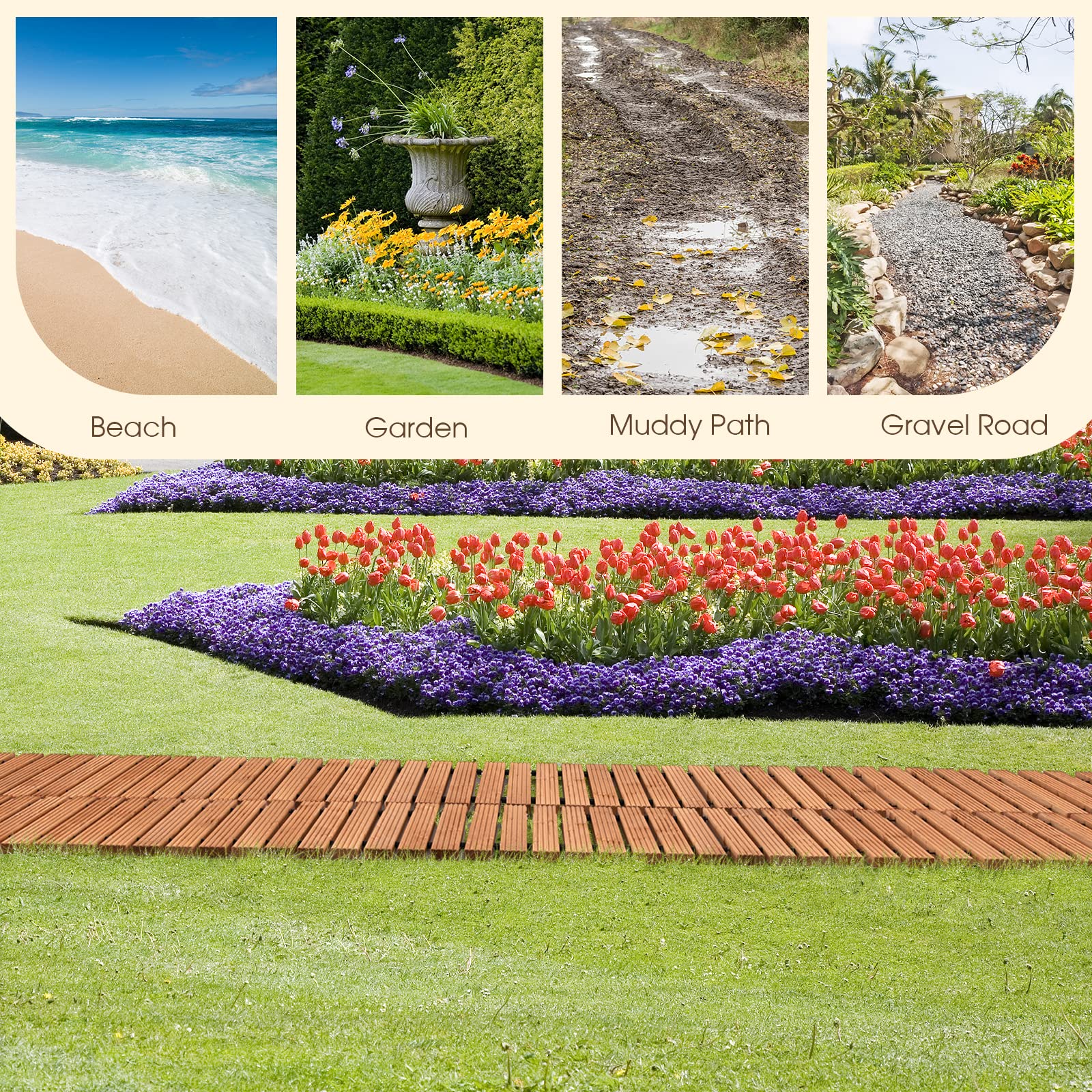GIANTEX Camino de Madera 245 x 55 cm, Camino de Jardín Enrollable de Madera de Abeto y Alambre de Acero, Pasarela de Jarín para Boda, Playa, Césped