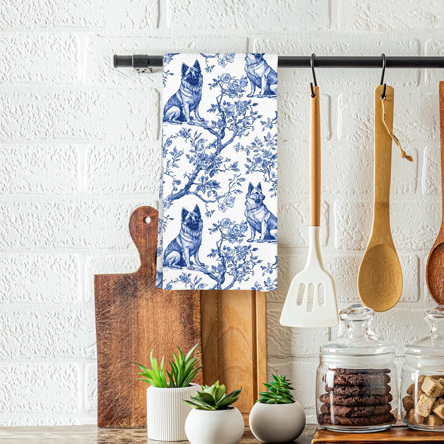 Chinoiserie German Shepherd Kitchen Towels, German Shepherd Gifts Hand Towels for Bathroom, Grand Millenial Floral Dog Decorative Hand Tea Dish Towels for Kitchen Bathroom Decor 16x24in - Image 2