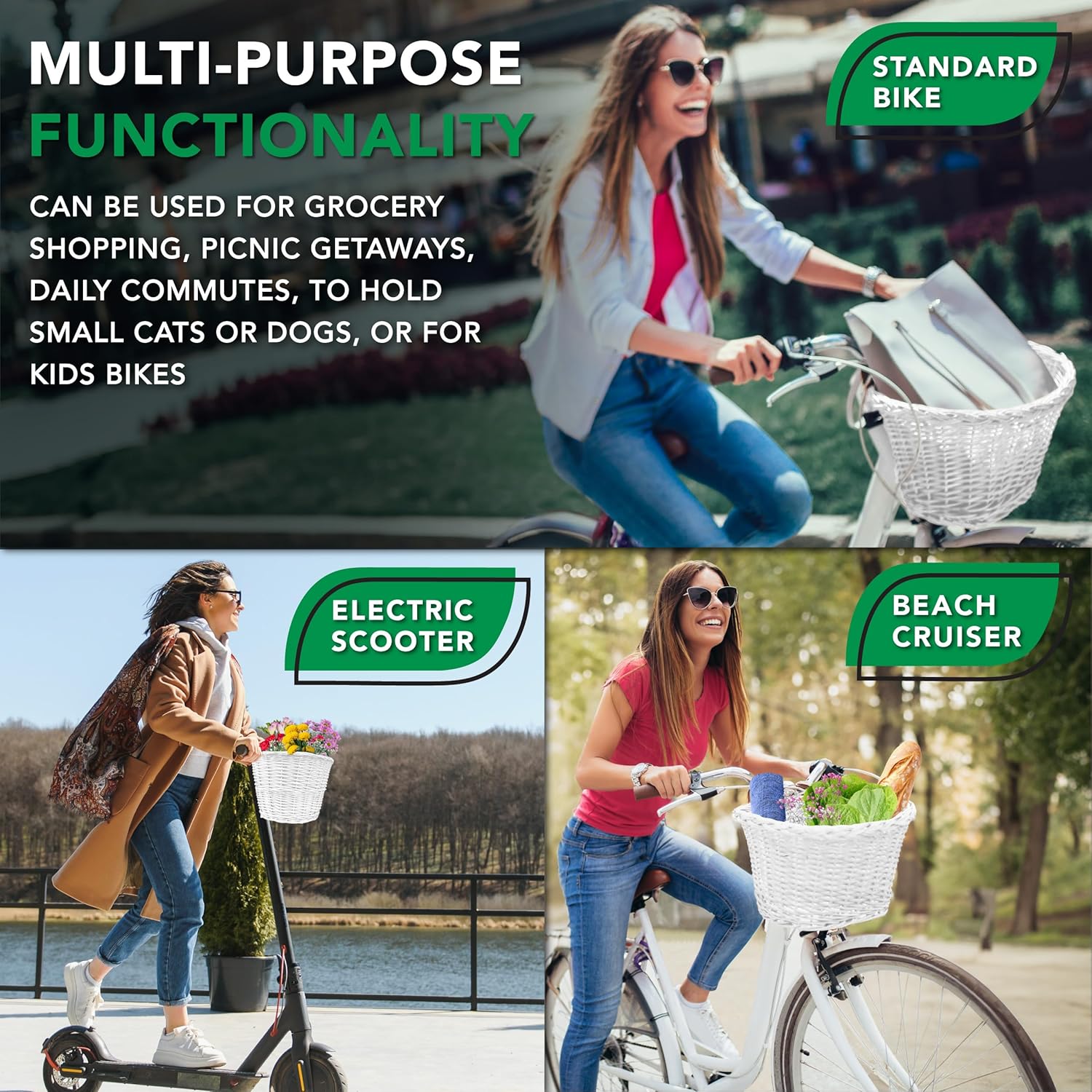ProSource Wicker Bike Basket Front Cargo for Women and Men, Fits Most Bicycles, Beach Cruisers, Stationary Equipment, and Ebikes, White