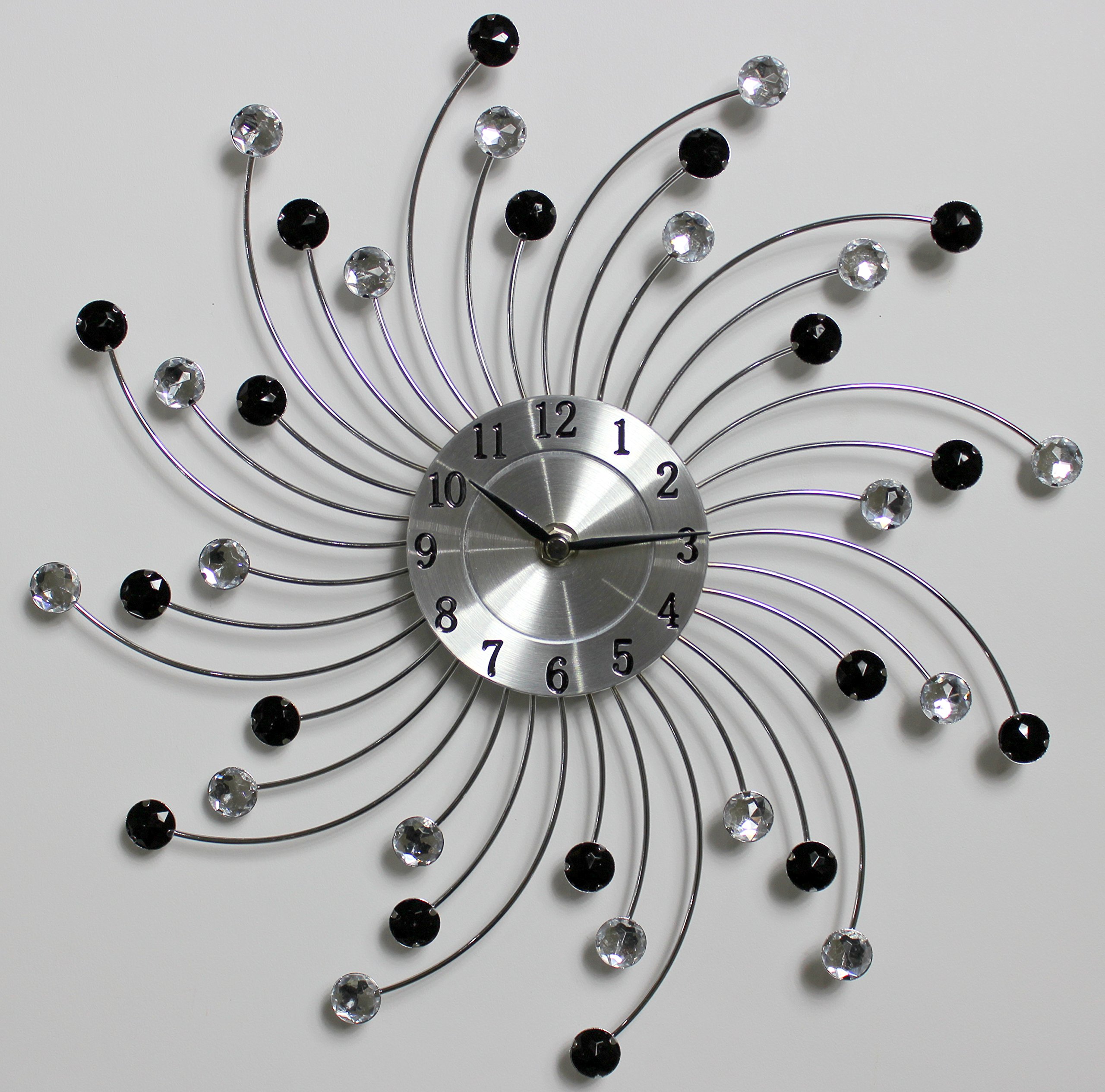 33cm Diamante Beaded Jeweled Sunburst Black Silver Wall Clock 122