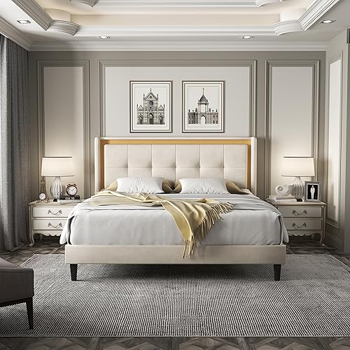 Miniatura 4 de ZeeFu Base de cama tamaño Queen con plataforma tapizada de terciopelo beige con cabecero con alas copetudas, soporte de listones de madera