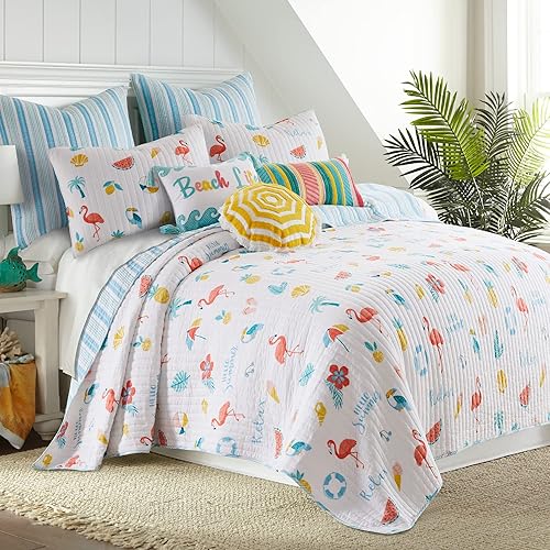 Miniatura 2 de Levtex Home - Juego de edredón de verano - Edredón King y dos fundas de almohada King - Playa costera - Verde azulado coral amarillo azul y blanco -