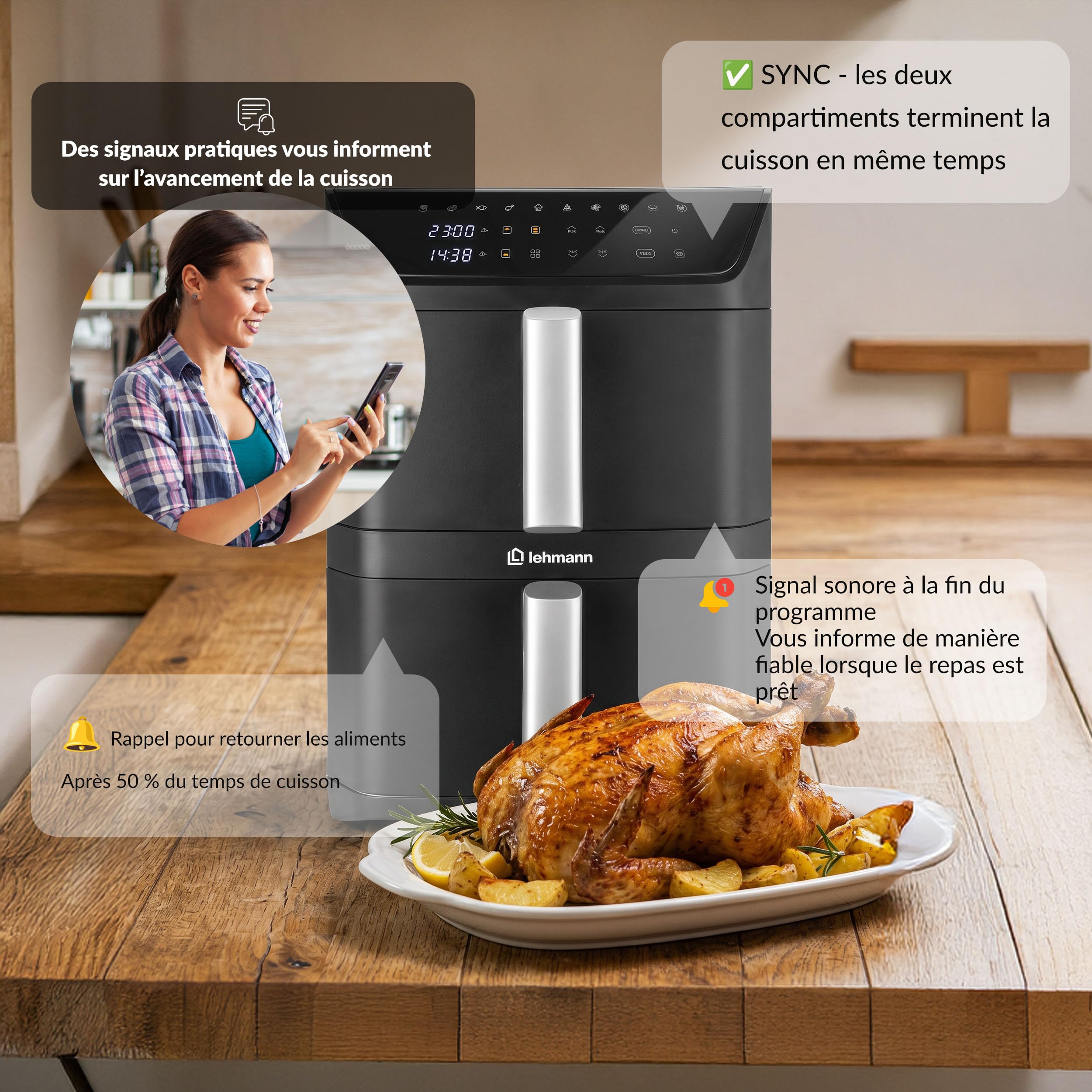 LEHMANN Double Zone Air Fryer XXL 12L, Friteuse sans Huile Verticale à Double Tiroir, 10 Programmes, 40-230°C, Écran Tactile, Revêtement Antiadhésif, pour Grande Famille, 2800 W