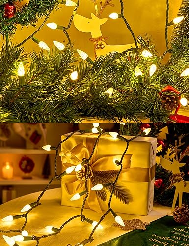 Miniatura 6 de BOHON Luces de Navidad para exteriores, tira de luces C6 facetadas de 34 pies, 100 luces LED enchufables, cable verde extensible, luces de Navidad