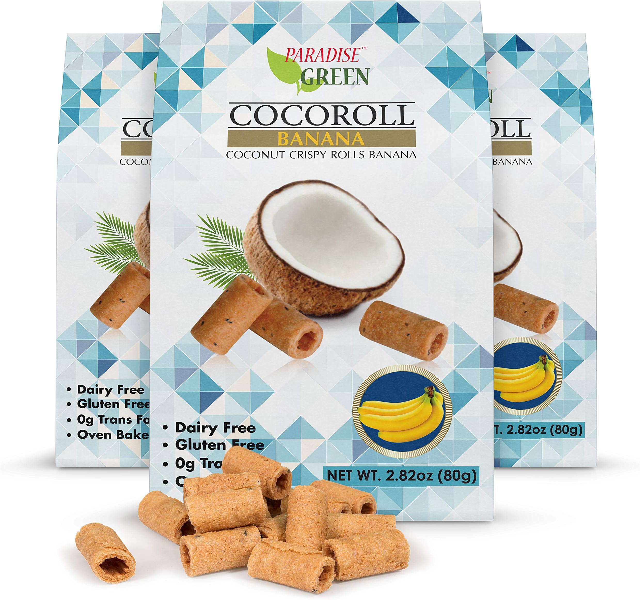Paradise Green - Banana Cocoroll - Banana Flavored Crispy Coconut Rolls - Pack of 3, 8.46 oz
