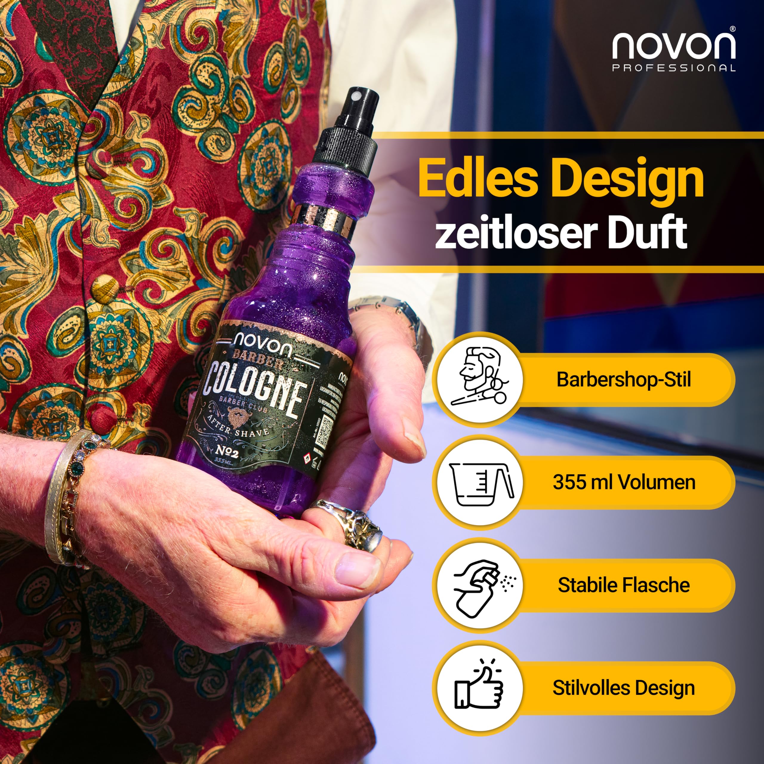 novon Professional Barber Cologne nr 4-355 ml - spray po goleniu dla mężczyzn - woda zapachowa do golenia aromatyczno-intensywna - Barber Eau de Cologne z praktycznym dozownikiem z pompką