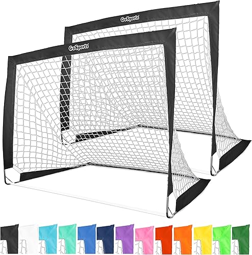 GoSports Porterías de fútbol portátiles de 4 x 3 pies para niños, 13 colores, juego de 2 redes desplegables de tono de equipo para patio trasero