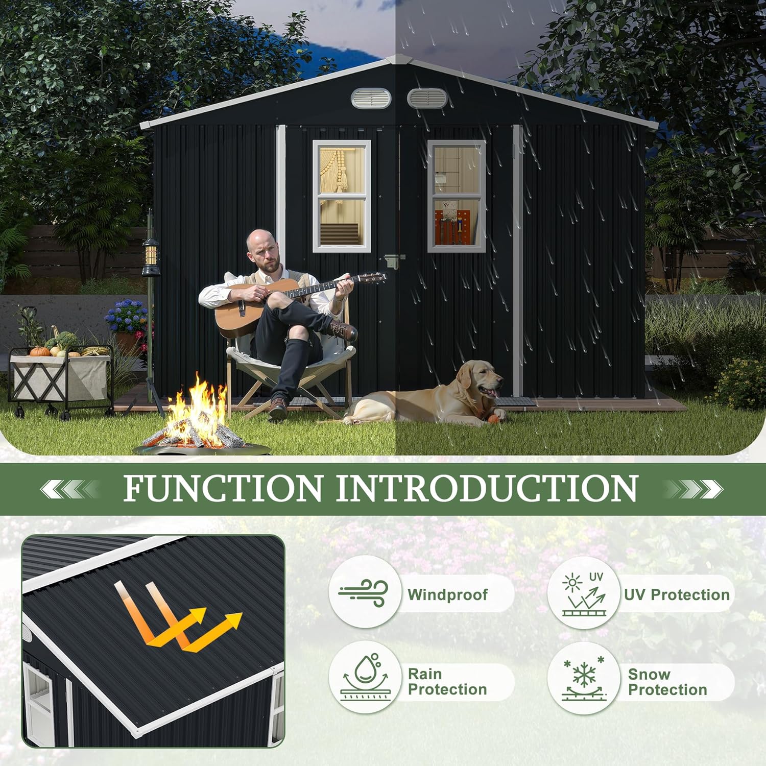 8x10 Outdoor Storage Shed with Lockable Doors & Four Daylight Windows, Protective Film, Dark Gray or Light Color, Durable Metal Utility Shed