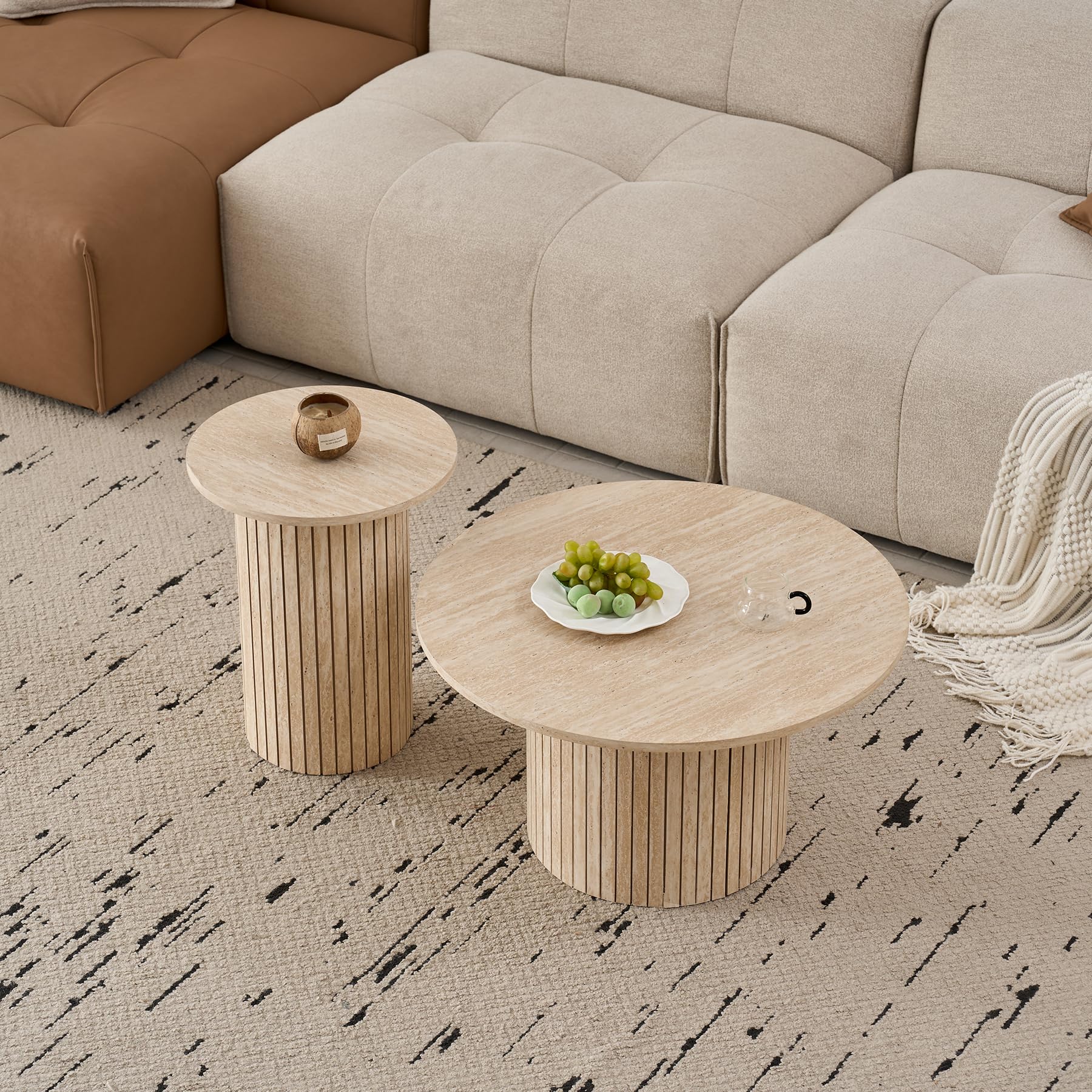 2er-Set runder Couchtische, Modernes Geriffeltes Trommel-Couchtisch-Set für Wohnzimmer, Schlafzimmer, Balkon und Büro (Travertin-Maserung, Hellgelb)