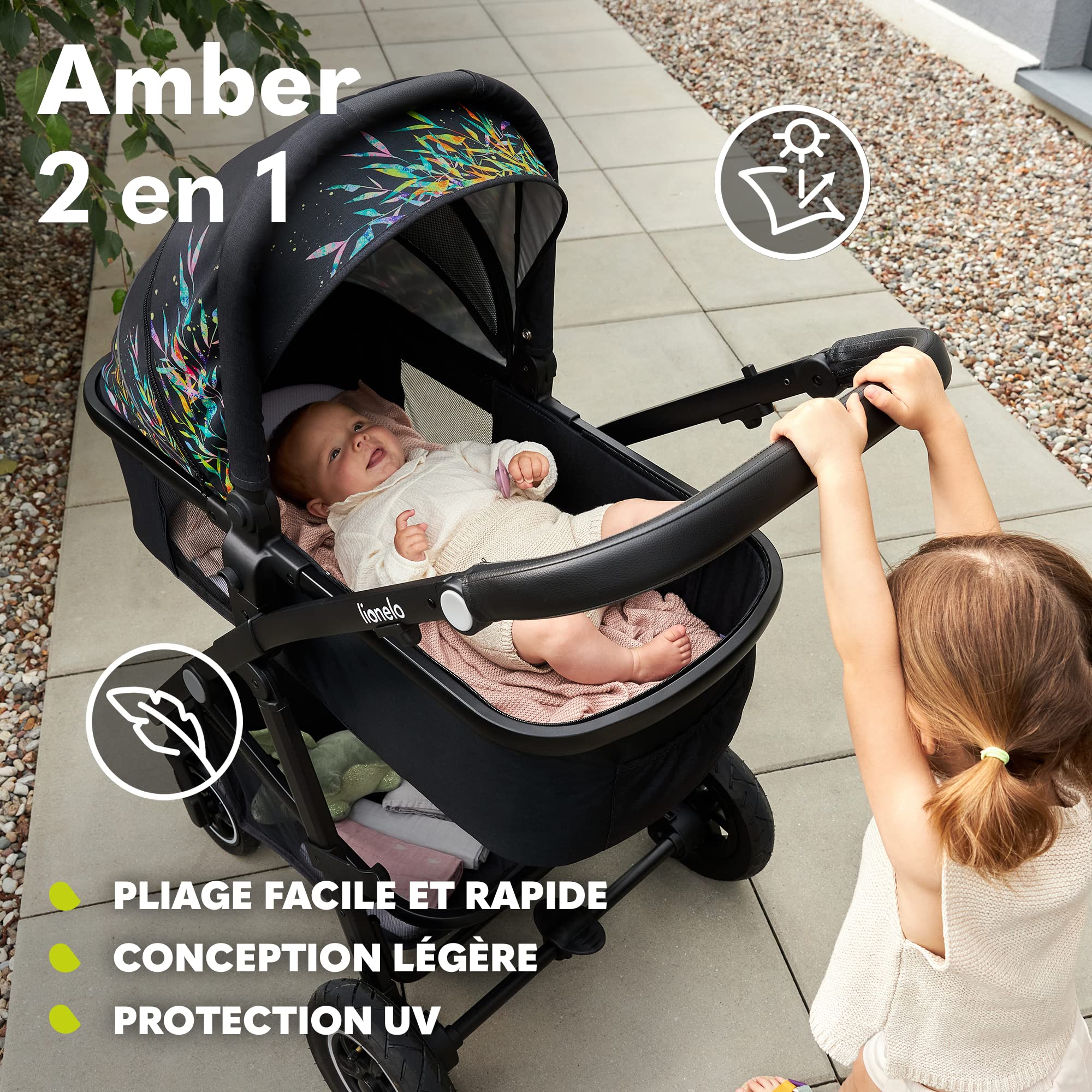 LIONELO Amber 2 in 1 poussette multifonctionnellle, landau, ensemble poussette avec siège sport et nacelle fixe, sac, moustiquaire, couvrir, feuille de pluie